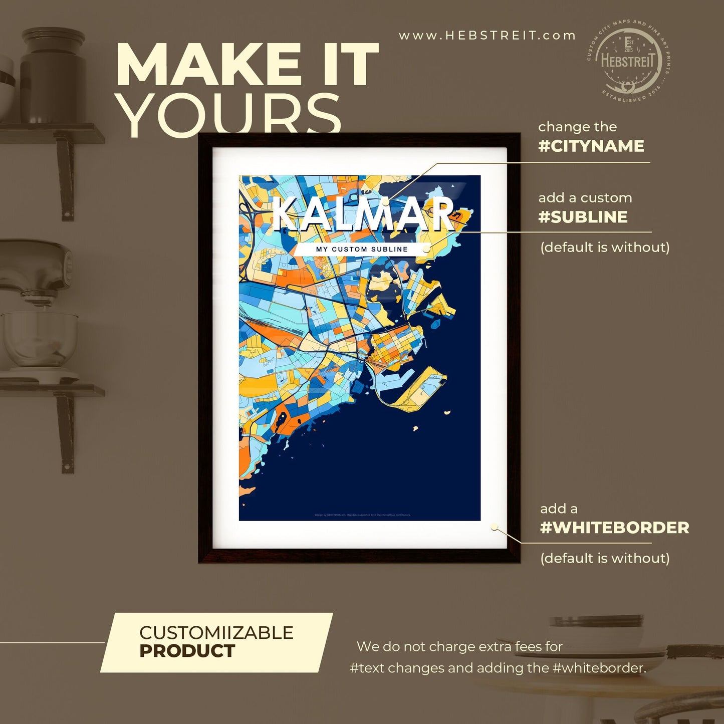 KALMAR SWEDEN Vibrant Colorful Art Map Poster Blue Orange