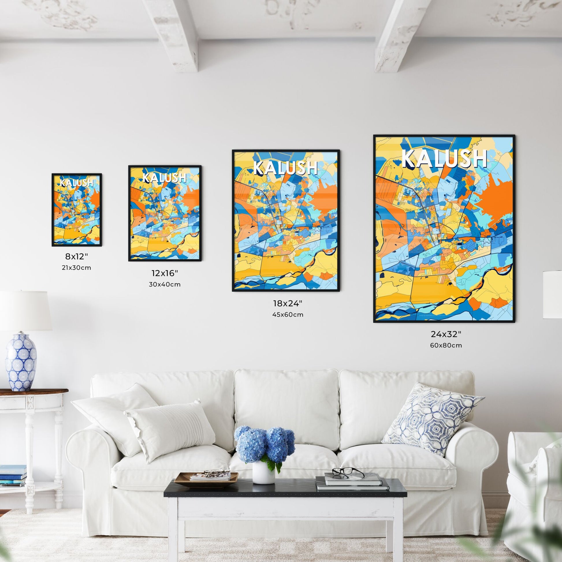 KALUSH UKRAINE Vibrant Colorful Art Map Poster Blue Orange