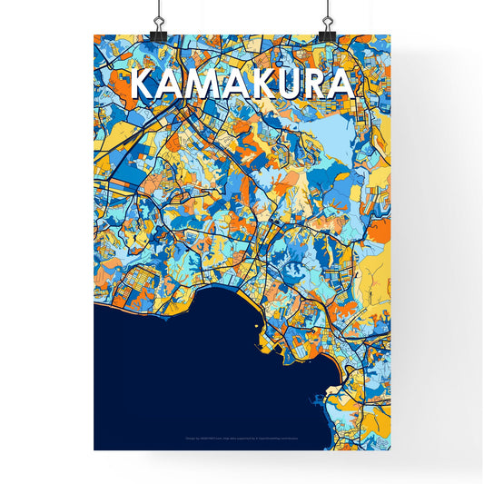 KAMAKURA JAPAN Vibrant Colorful Art Map Poster Blue Orange