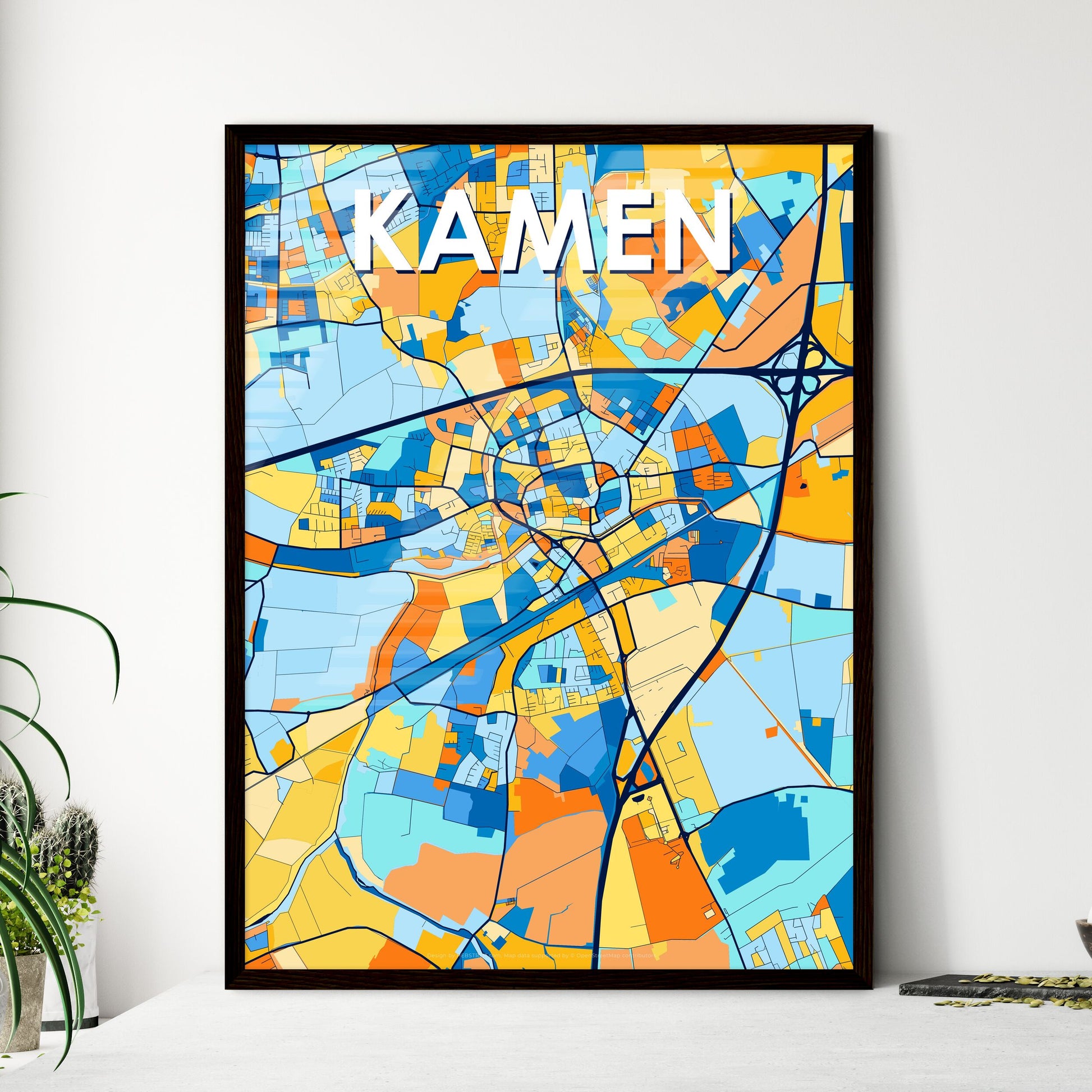 KAMEN GERMANY Vibrant Colorful Art Map Poster Blue Orange