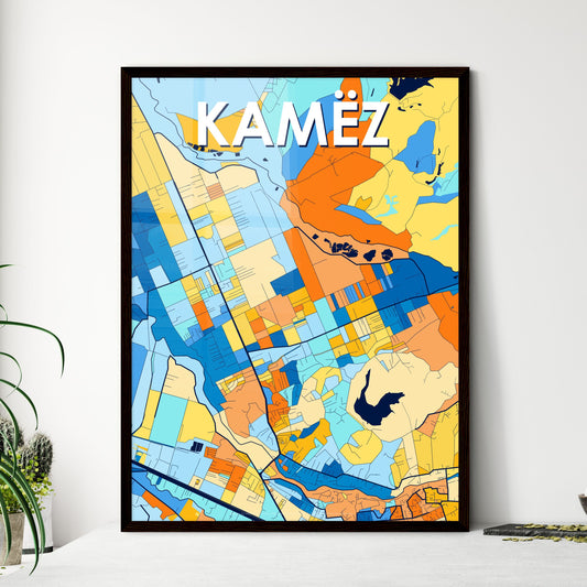 KAMËZ ALBANIA Vibrant Colorful Art Map Poster Blue Orange