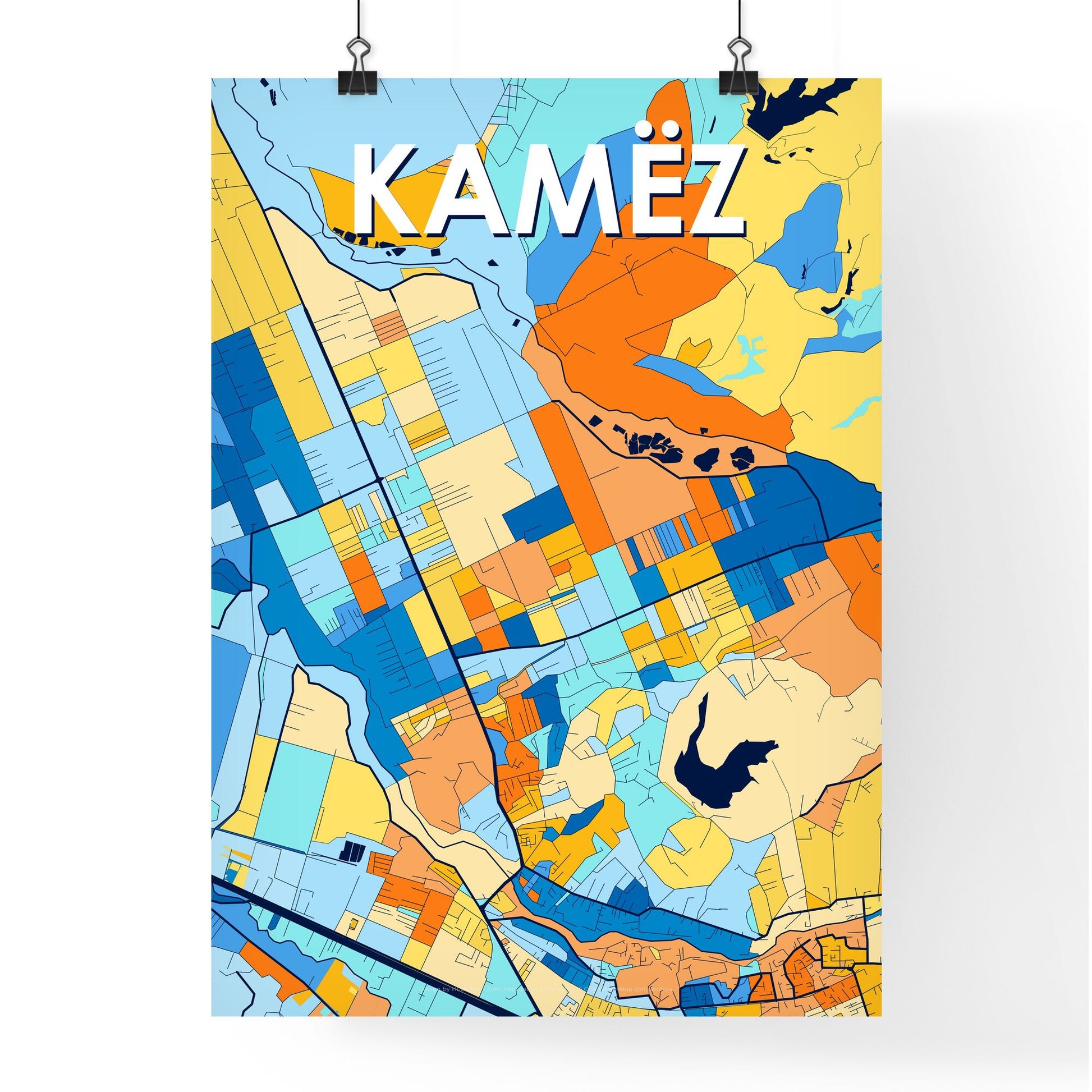 KAMËZ ALBANIA Vibrant Colorful Art Map Poster Blue Orange