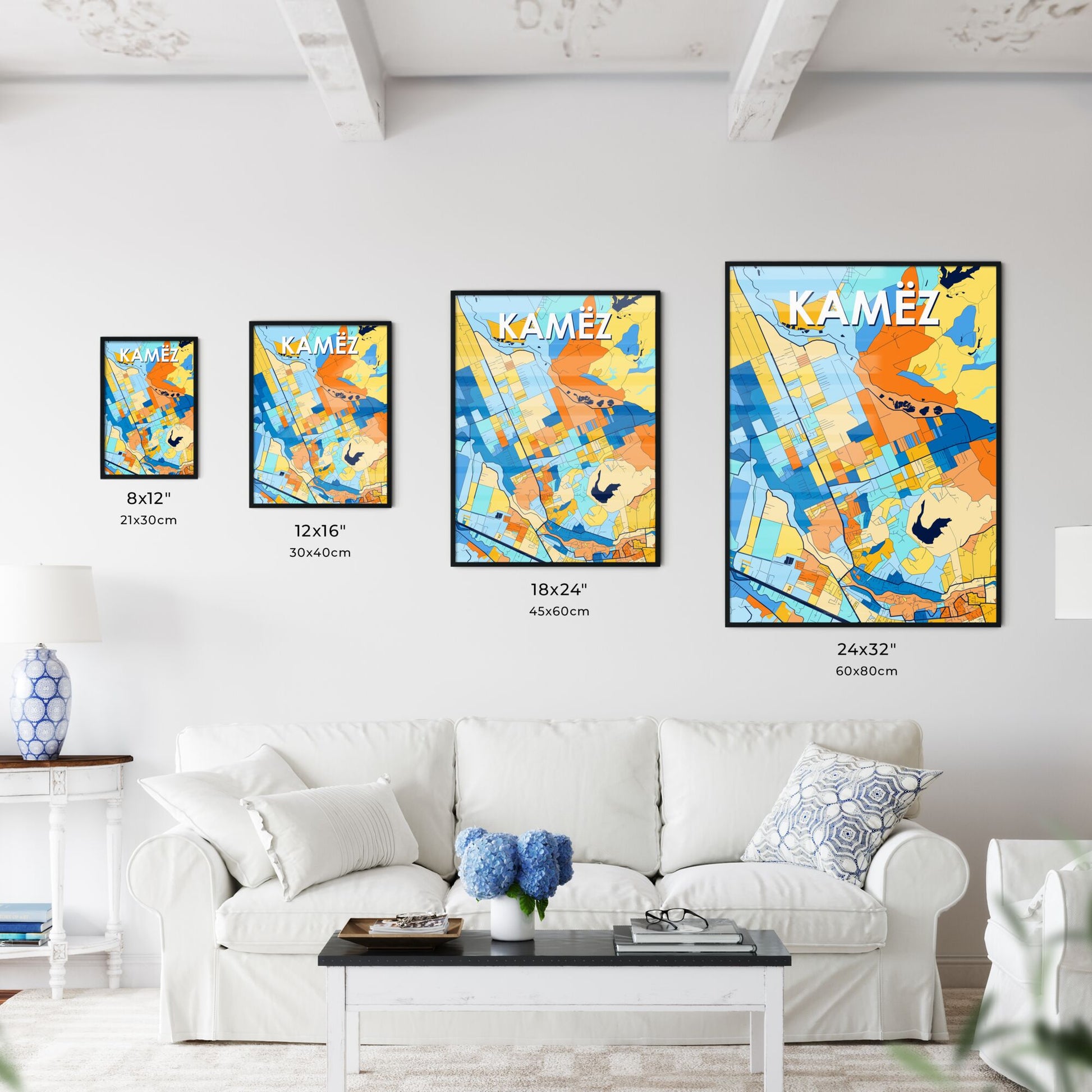 KAMËZ ALBANIA Vibrant Colorful Art Map Poster Blue Orange