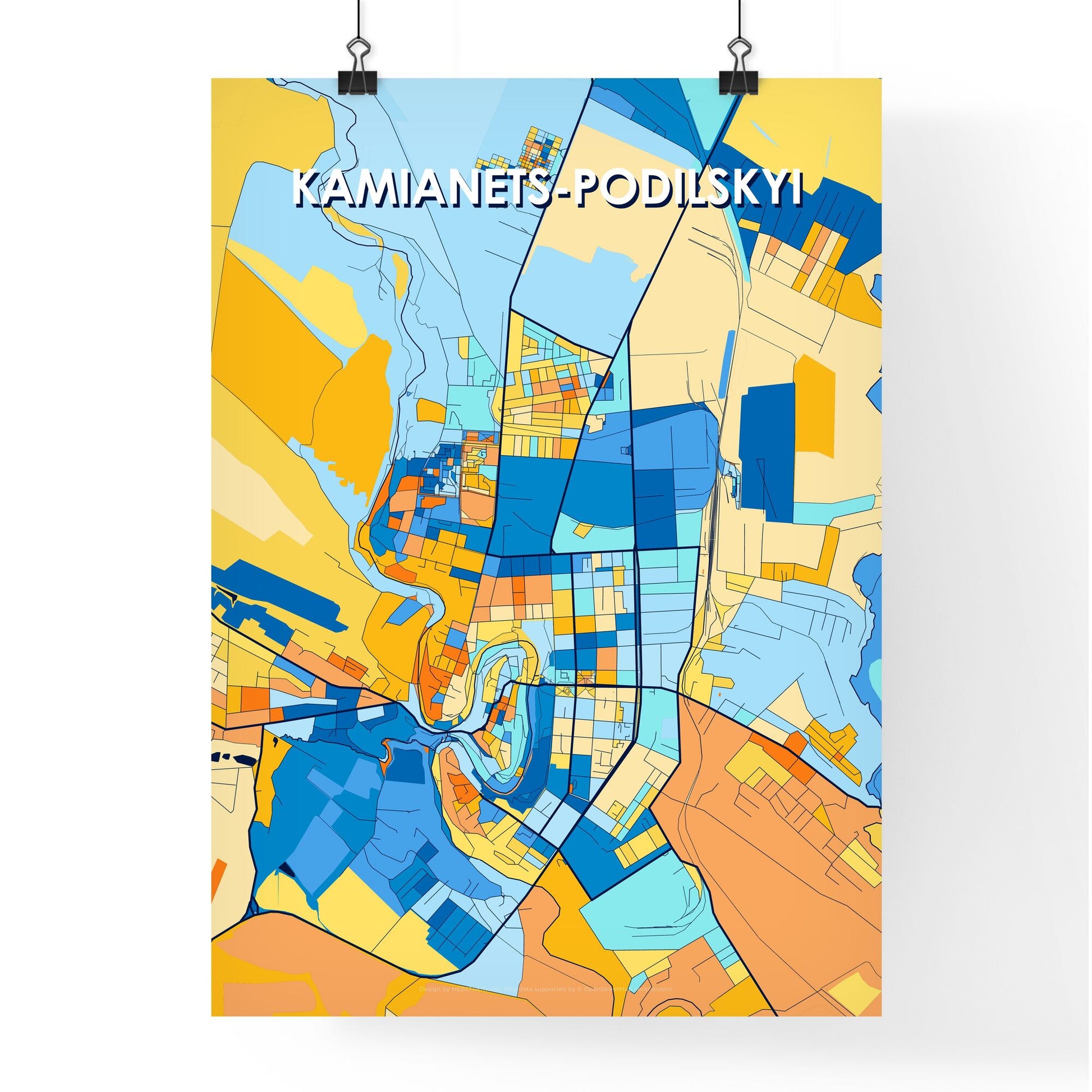 KAMIANETS-PODILSKYI UKRAINE Vibrant Colorful Art Map Poster Blue Orange