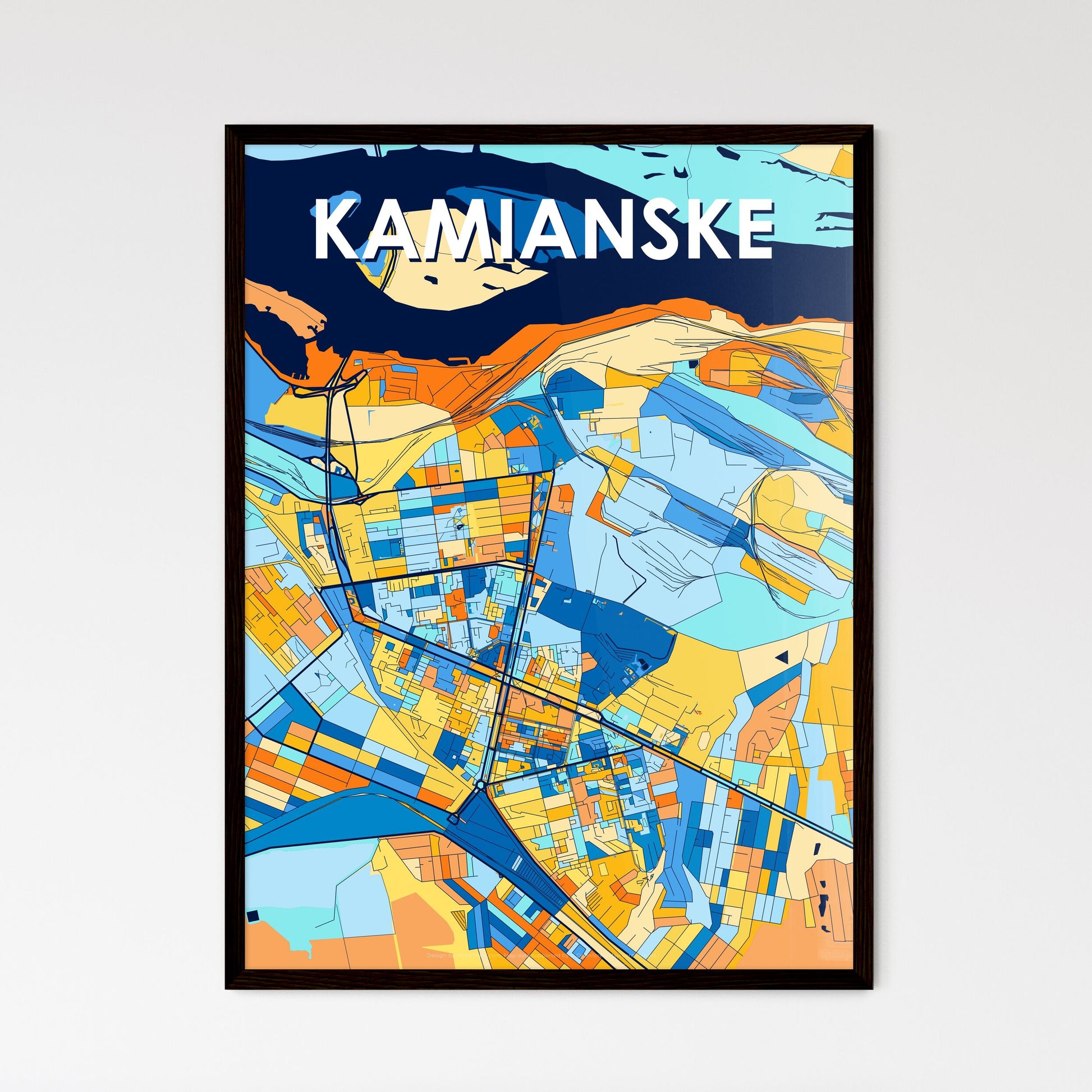 KAMIANSKE UKRAINE Vibrant Colorful Art Map Poster Blue Orange