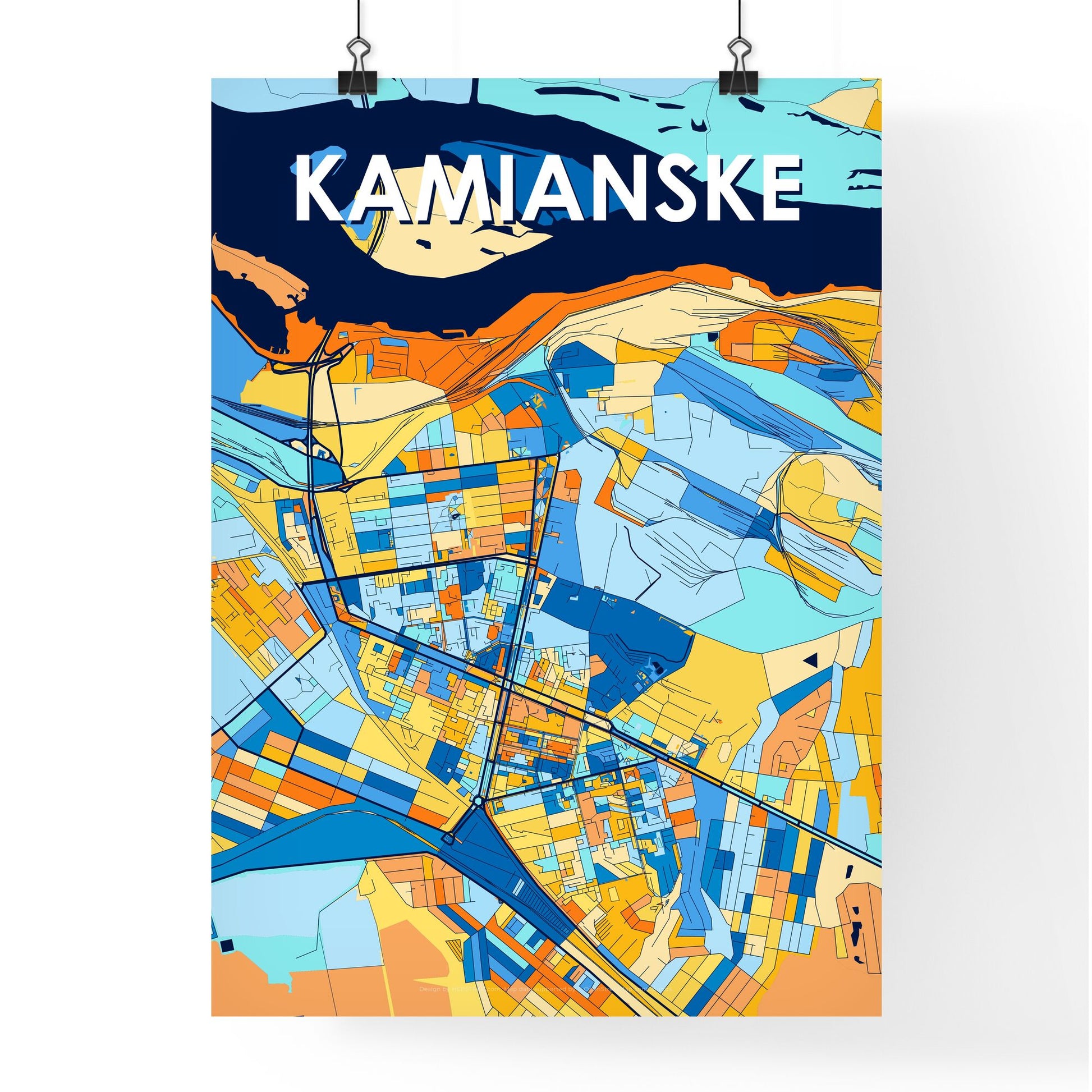 KAMIANSKE UKRAINE Vibrant Colorful Art Map Poster Blue Orange