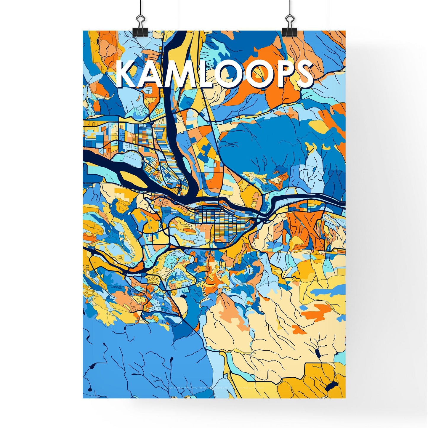 KAMLOOPS CANADA Vibrant Colorful Art Map Poster Blue Orange