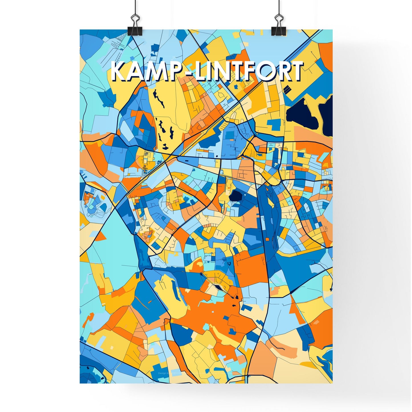 KAMP-LINTFORT GERMANY Vibrant Colorful Art Map Poster Blue Orange