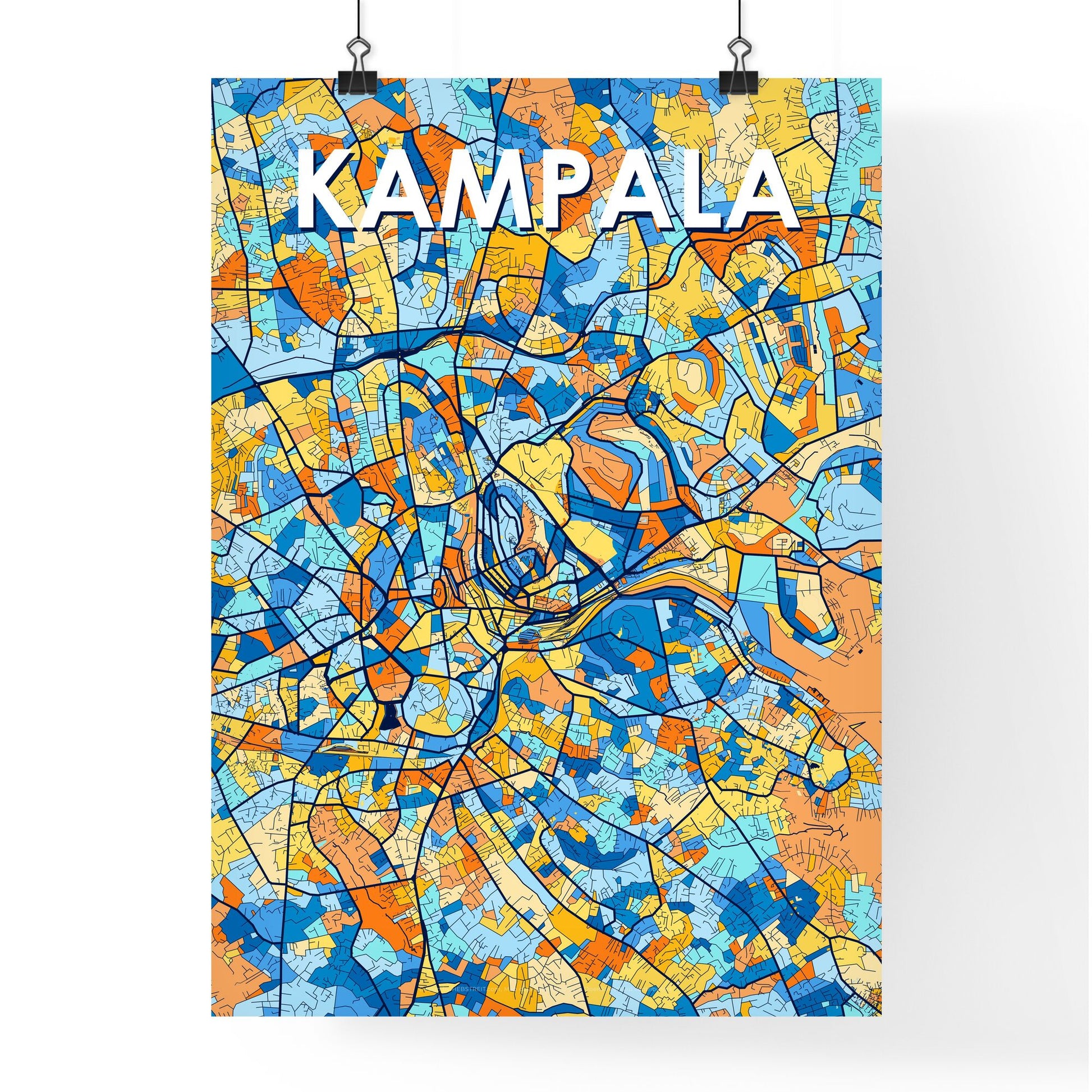 KAMPALA UGANDA Vibrant Colorful Art Map Poster Blue Orange