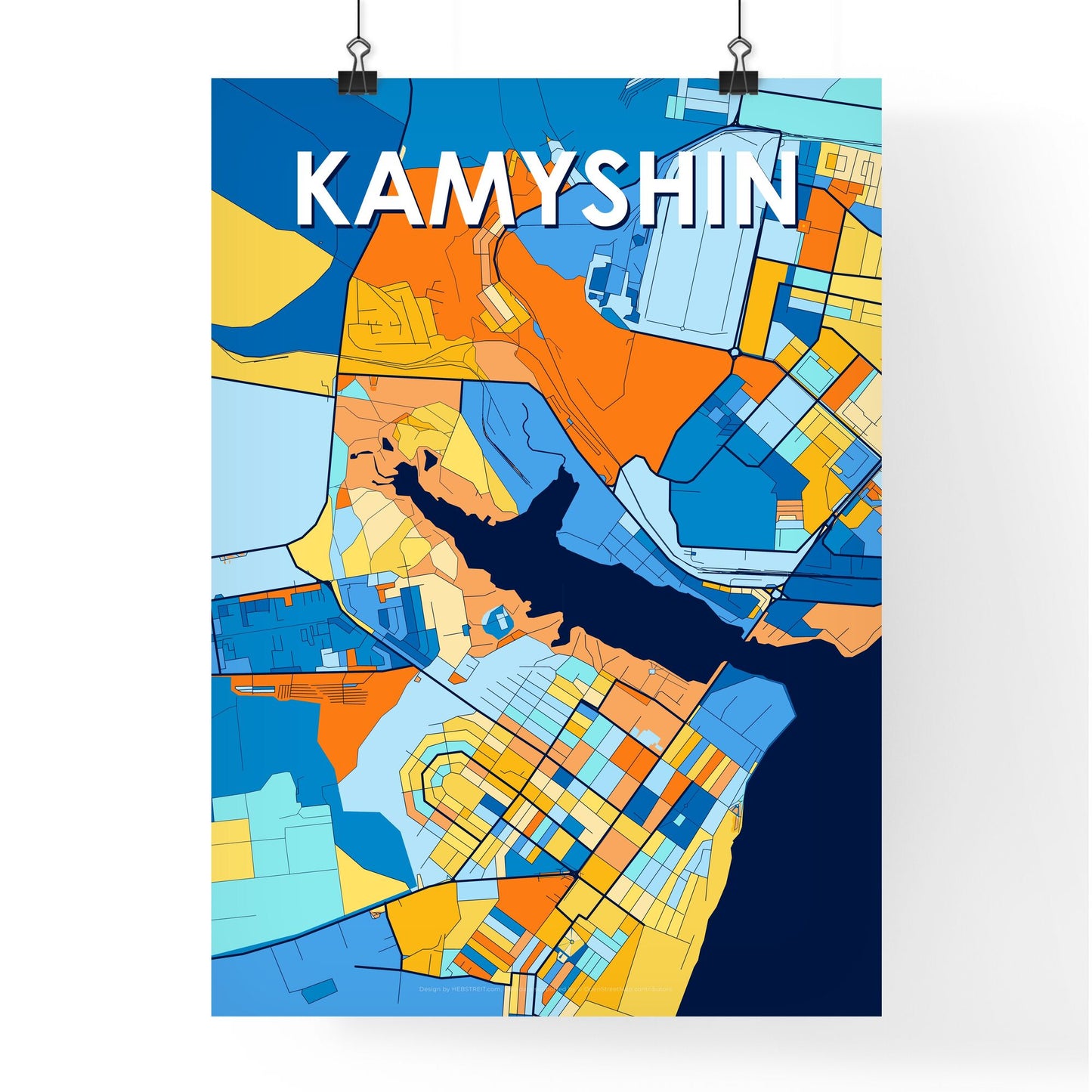 KAMYSHIN RUSSIA Vibrant Colorful Art Map Poster Blue Orange