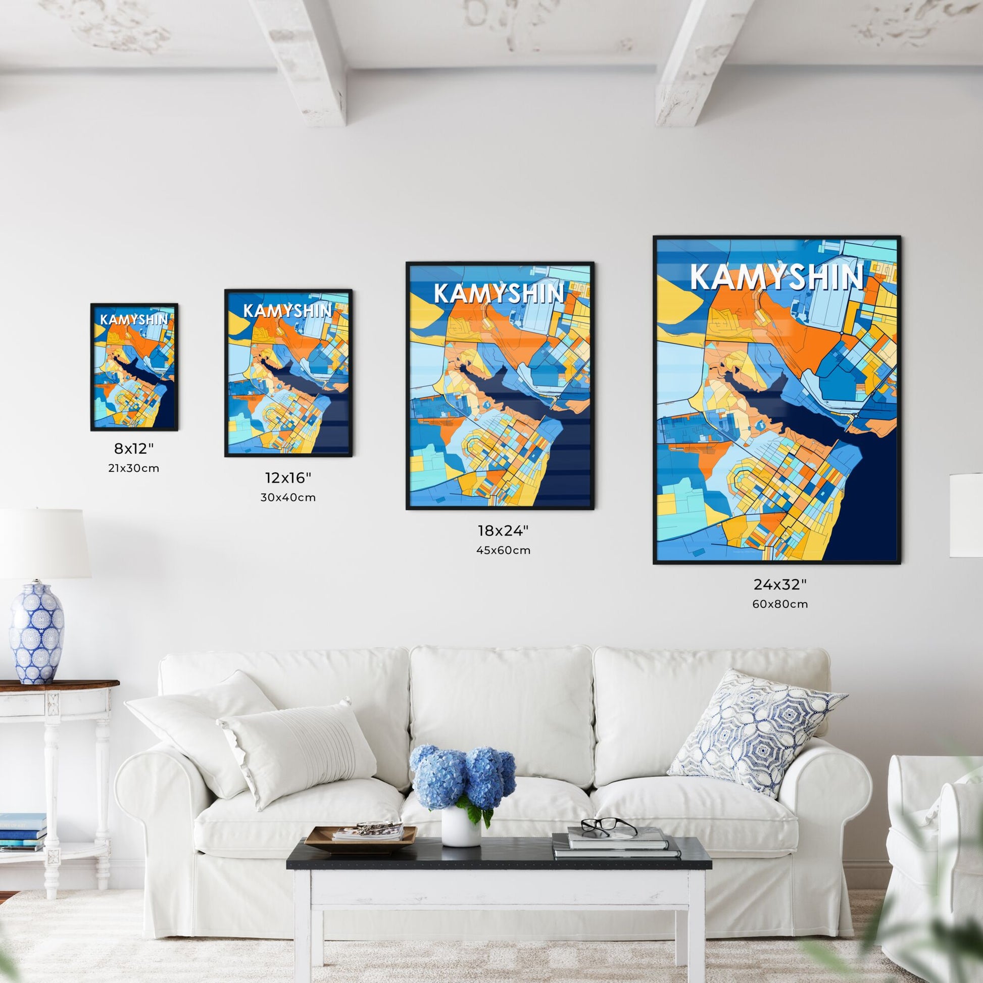 KAMYSHIN RUSSIA Vibrant Colorful Art Map Poster Blue Orange