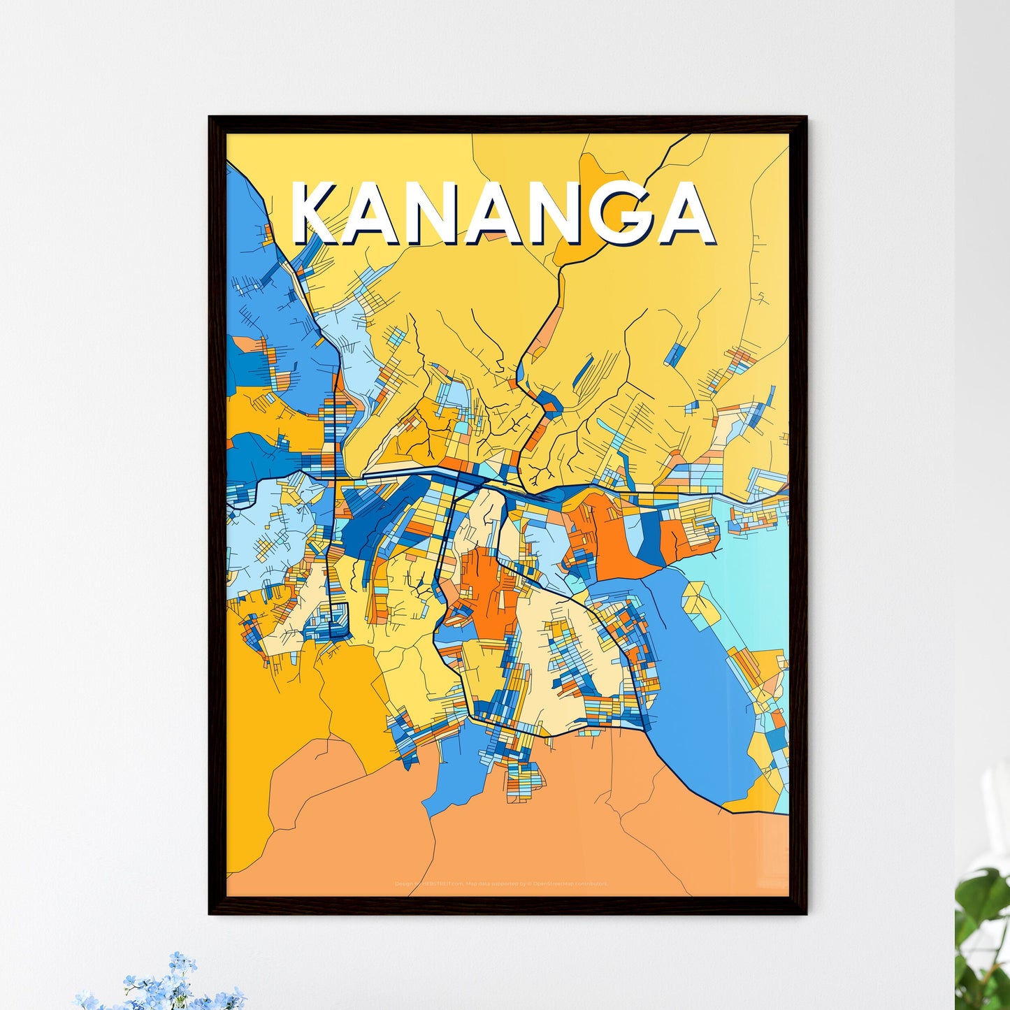 KANANGA DR CONGO Vibrant Colorful Art Map Poster Blue Orange