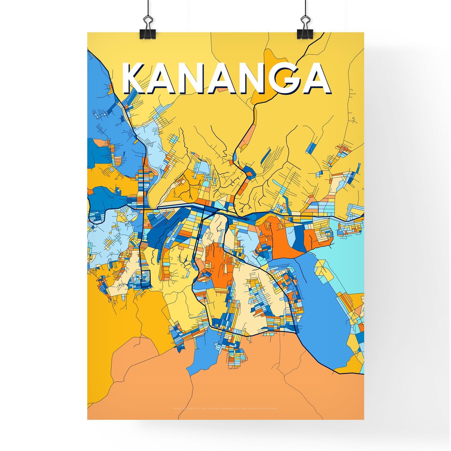 KANANGA DR CONGO Vibrant Colorful Art Map Poster Blue Orange