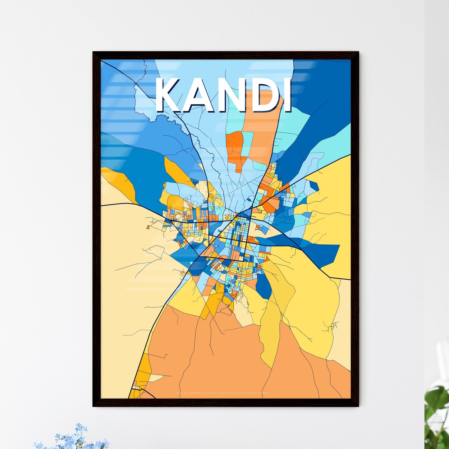 KANDI BENIN Vibrant Colorful Art Map Poster Blue Orange