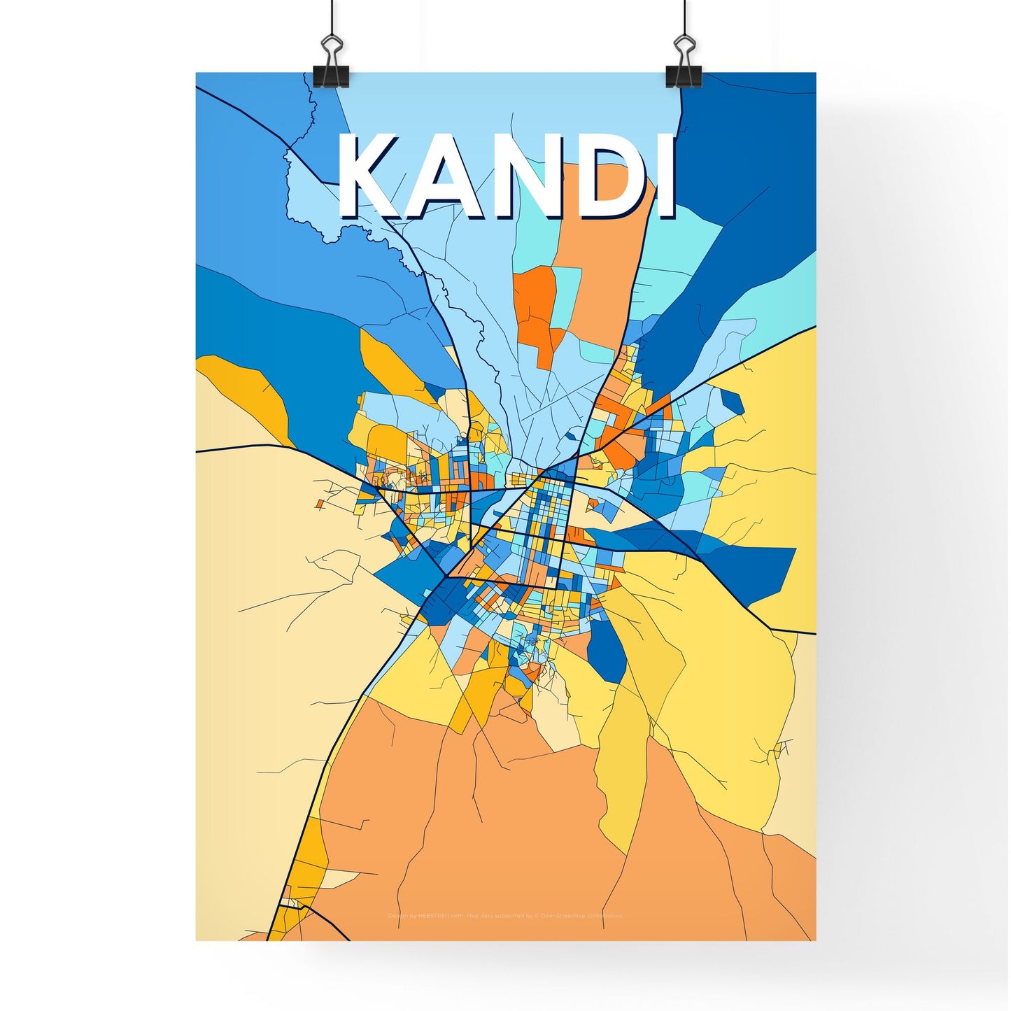 KANDI BENIN Vibrant Colorful Art Map Poster Blue Orange