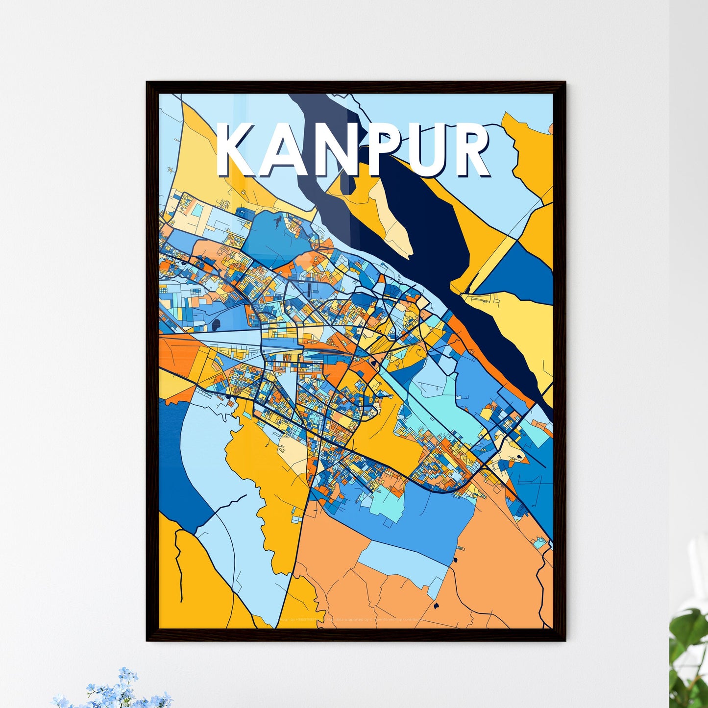 KANPUR INDIA Vibrant Colorful Art Map Poster Blue Orange