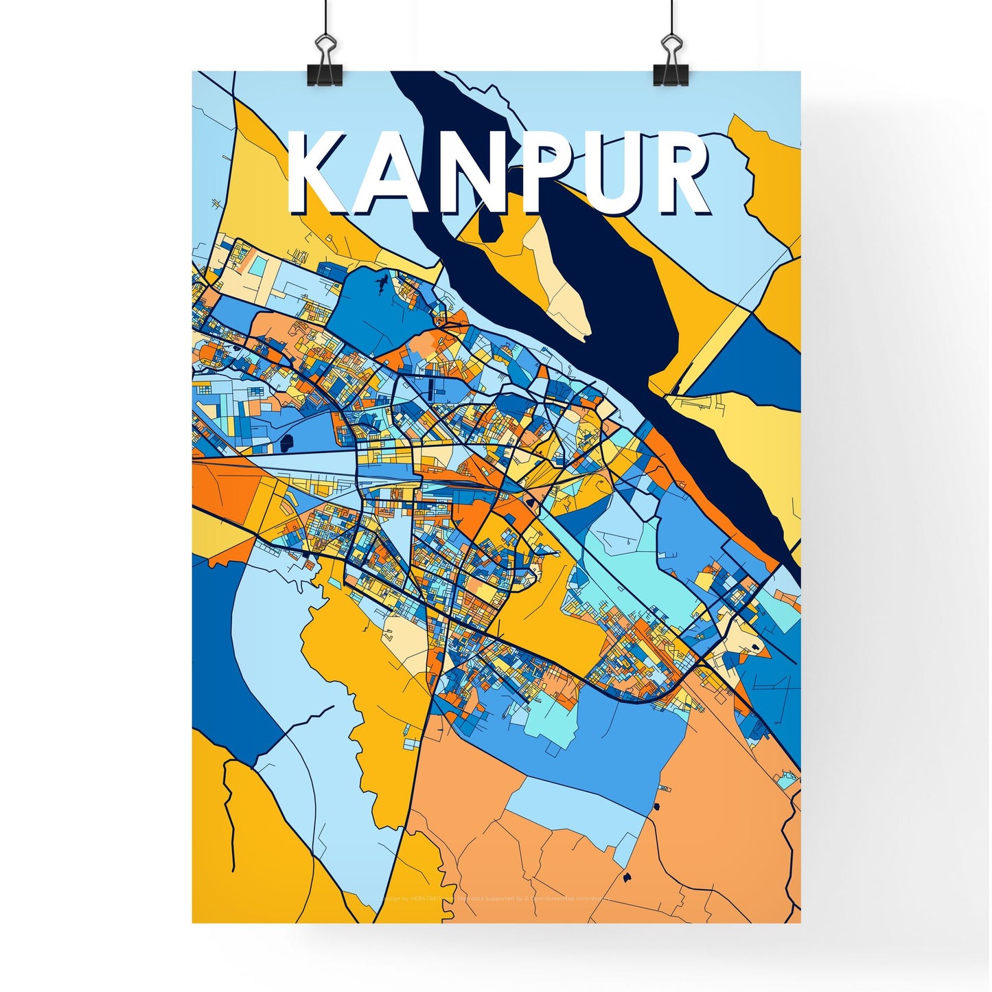 KANPUR INDIA Vibrant Colorful Art Map Poster Blue Orange