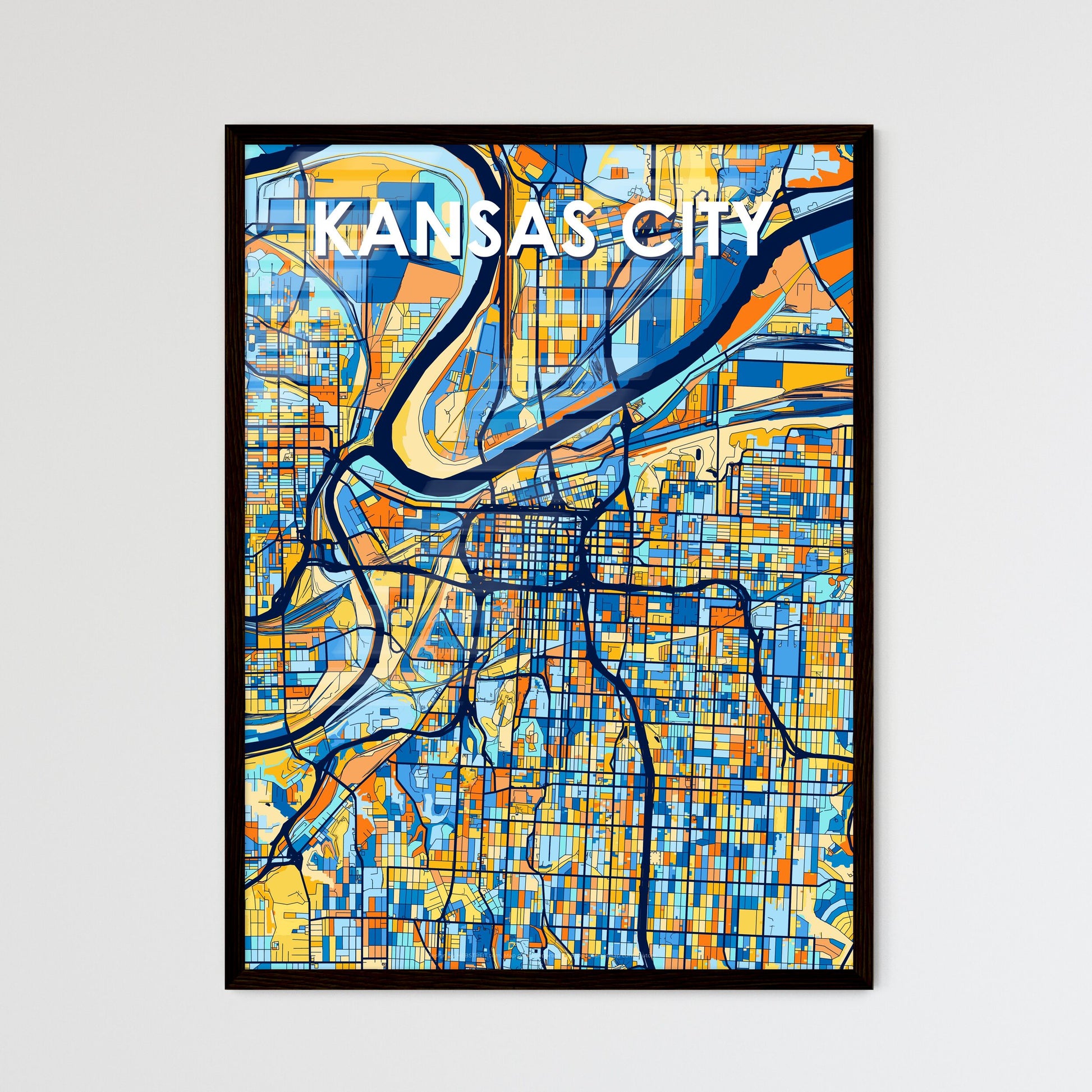 KANSAS CITY MISSOURI Vibrant Colorful Art Map Poster Blue Orange