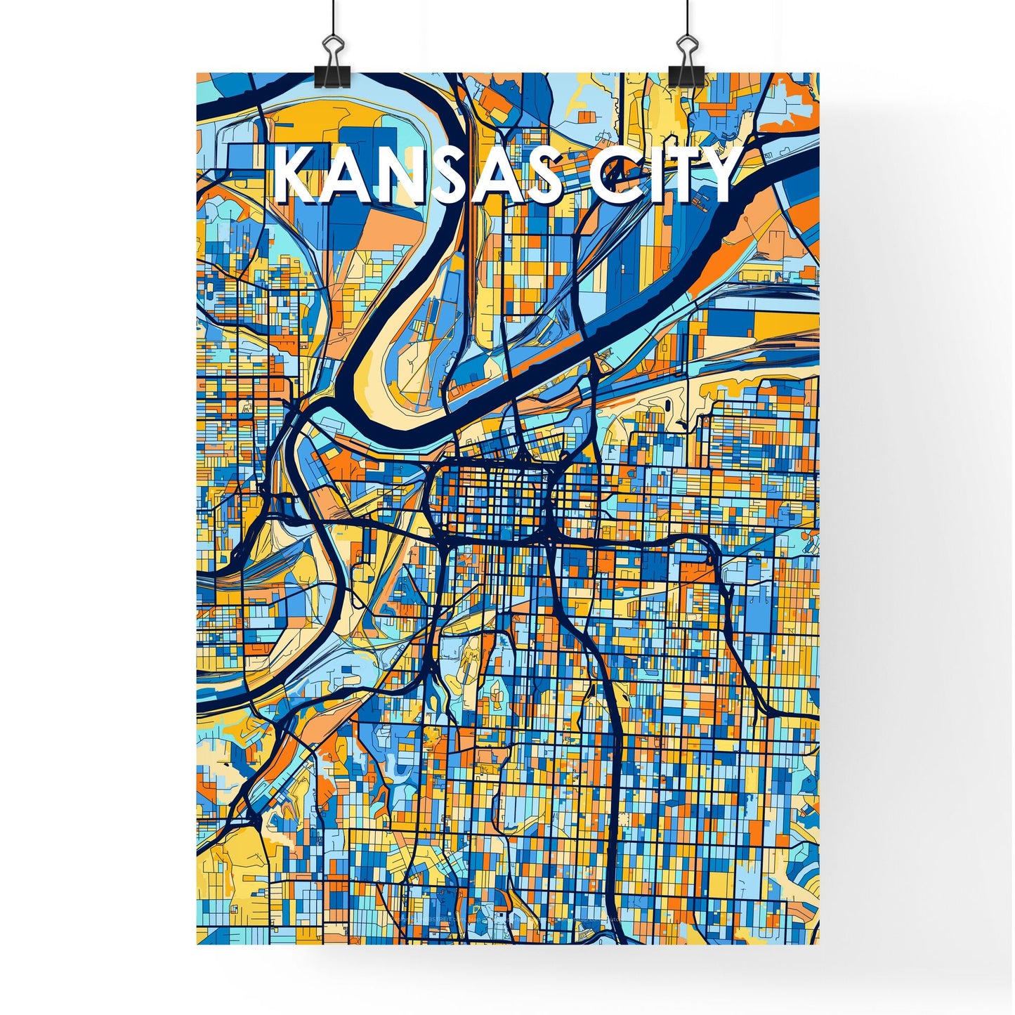 KANSAS CITY MISSOURI Vibrant Colorful Art Map Poster Blue Orange