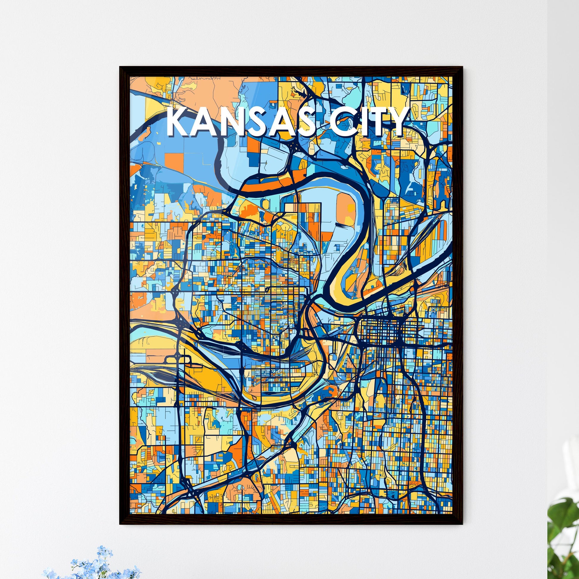 KANSAS CITY KANSAS Vibrant Colorful Art Map Poster Blue Orange