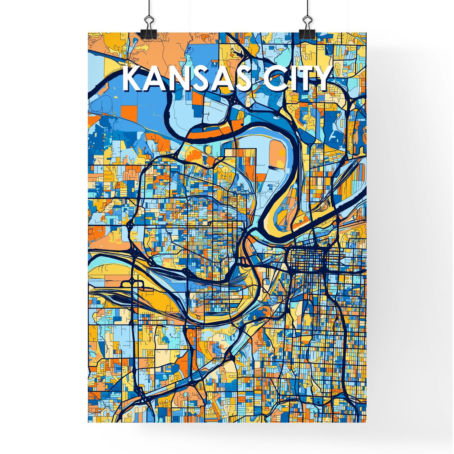 KANSAS CITY KANSAS Vibrant Colorful Art Map Poster Blue Orange