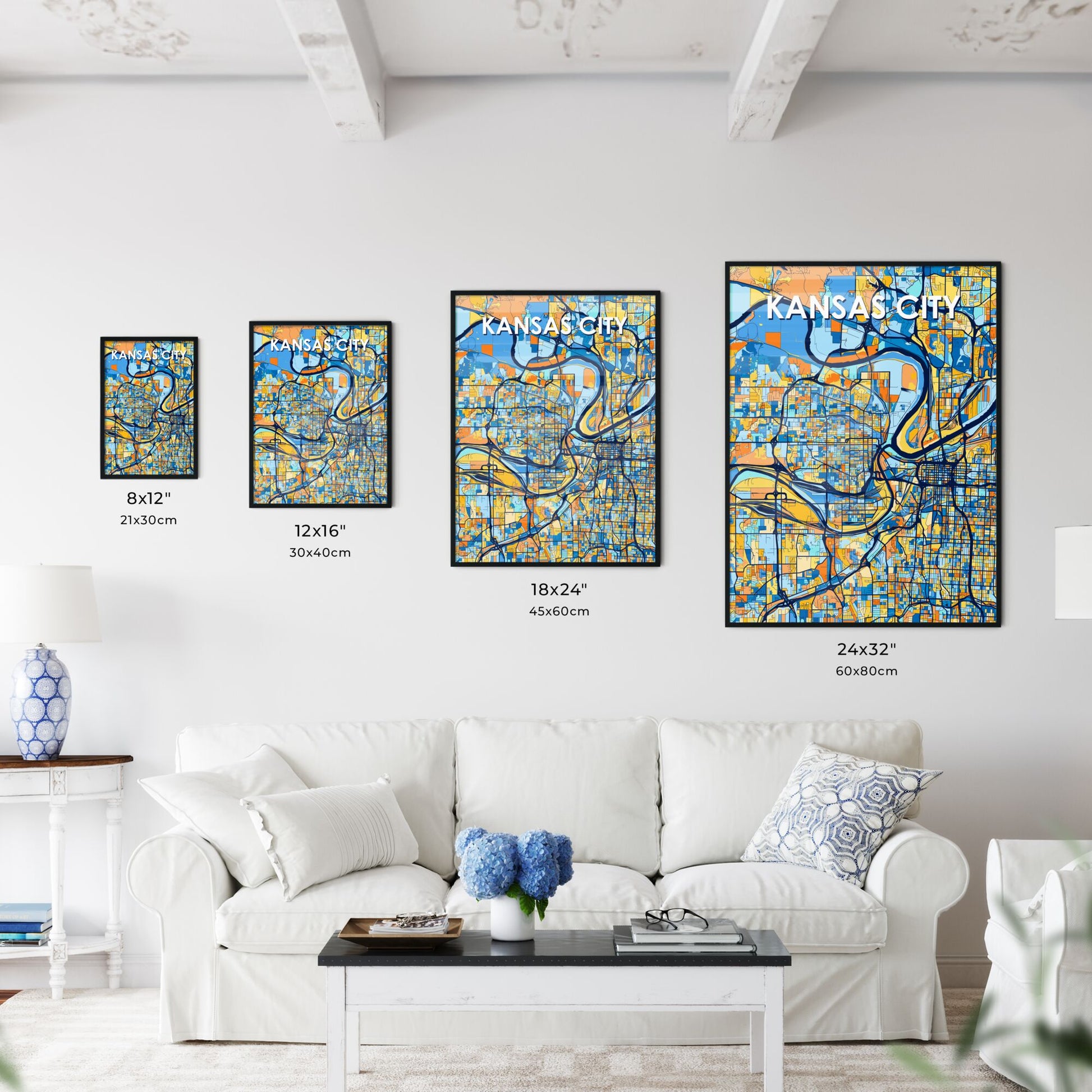 KANSAS CITY KANSAS Vibrant Colorful Art Map Poster Blue Orange