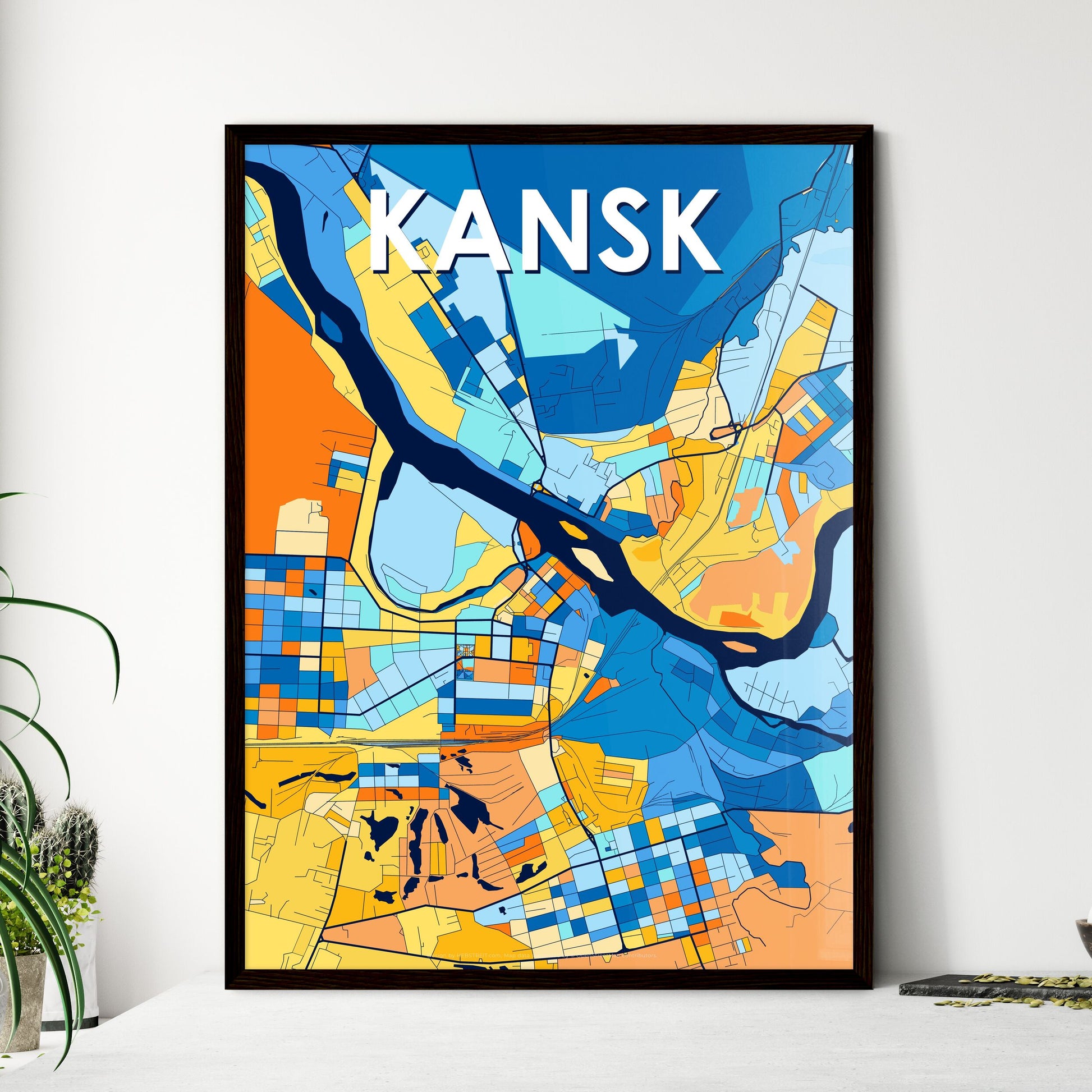 KANSK RUSSIA Vibrant Colorful Art Map Poster Blue Orange