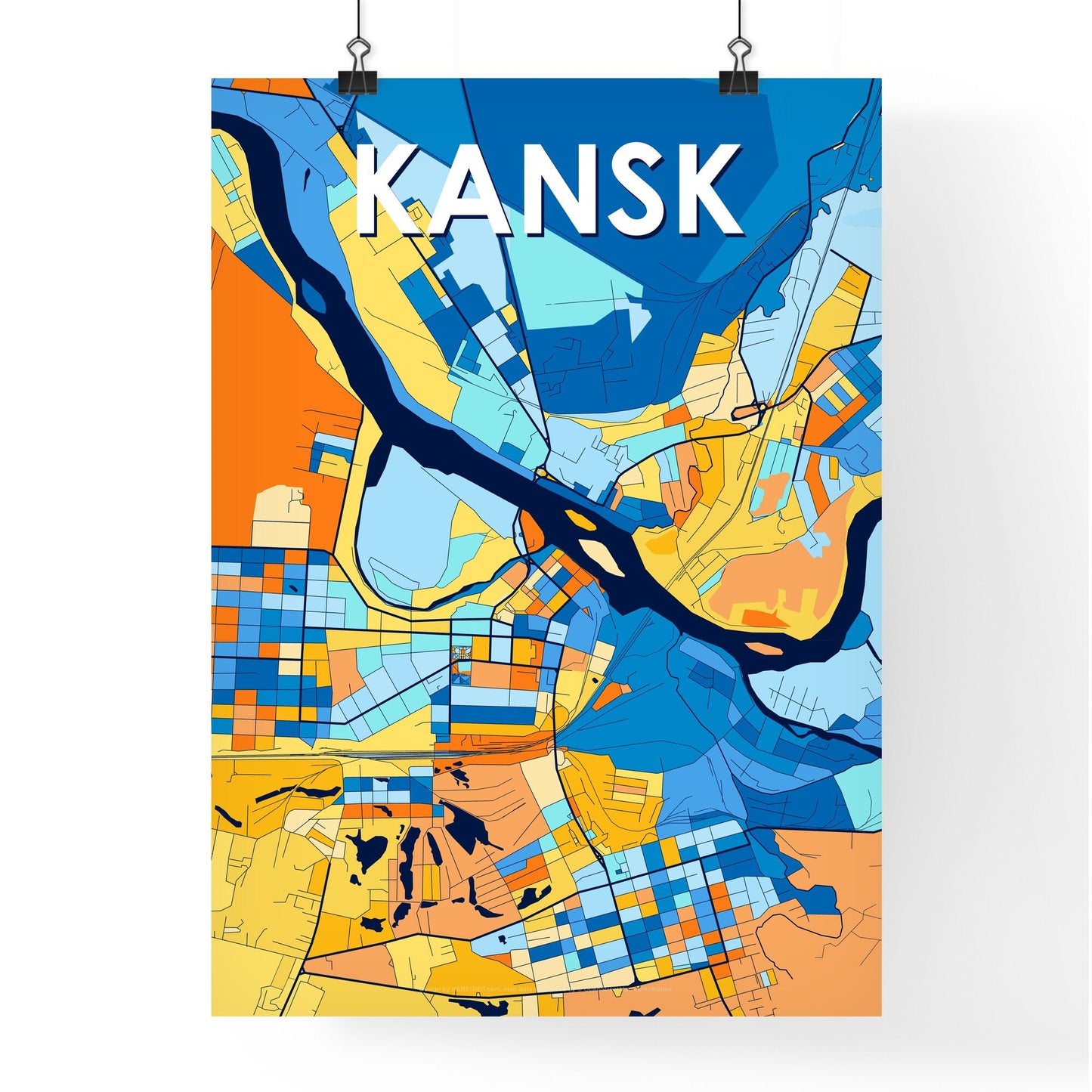 KANSK RUSSIA Vibrant Colorful Art Map Poster Blue Orange