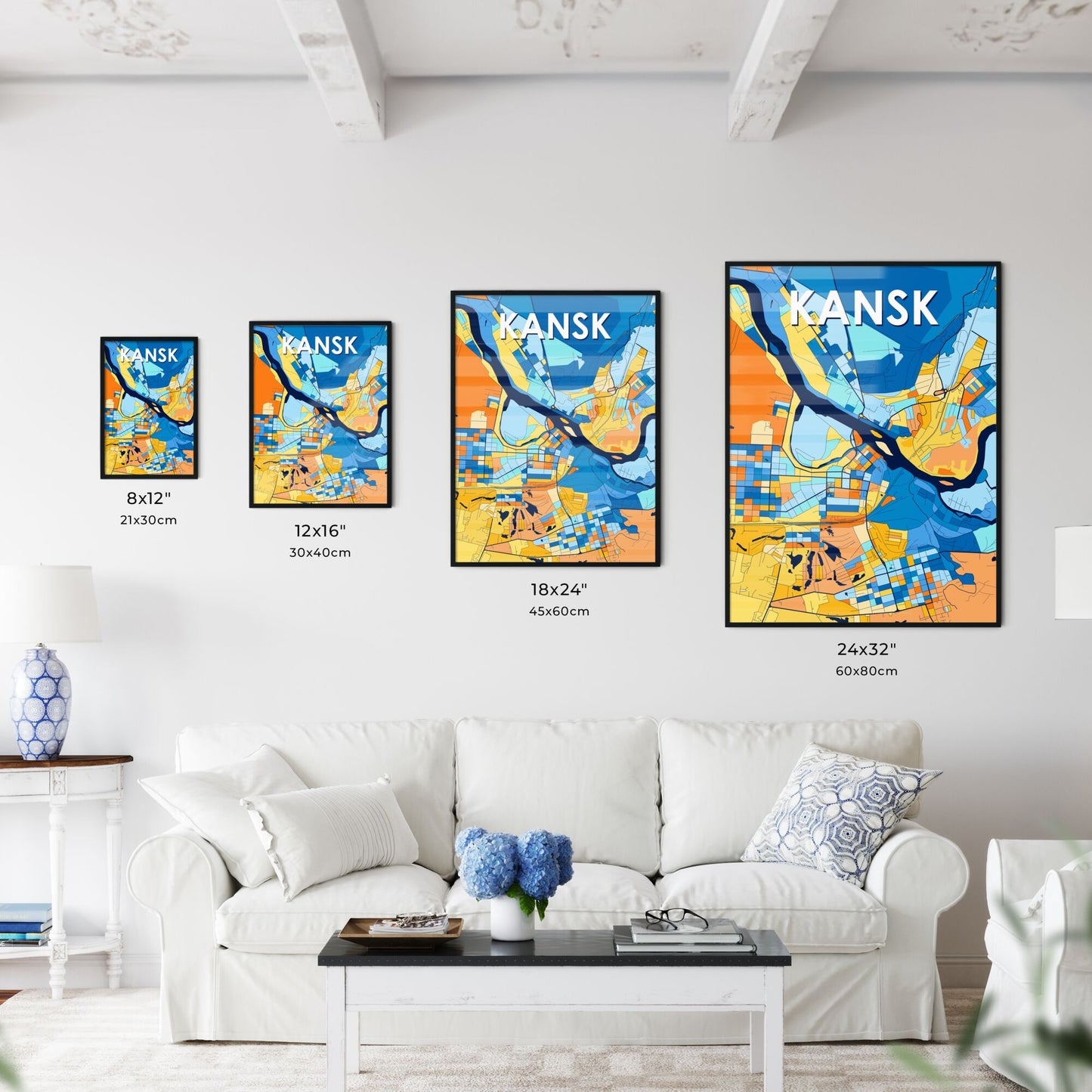 KANSK RUSSIA Vibrant Colorful Art Map Poster Blue Orange