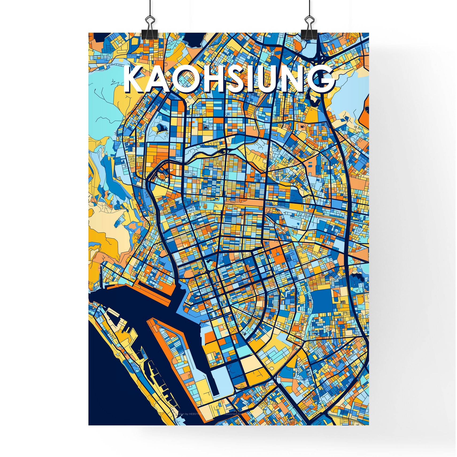 KAOHSIUNG TAIWAN Vibrant Colorful Art Map Poster Blue Orange