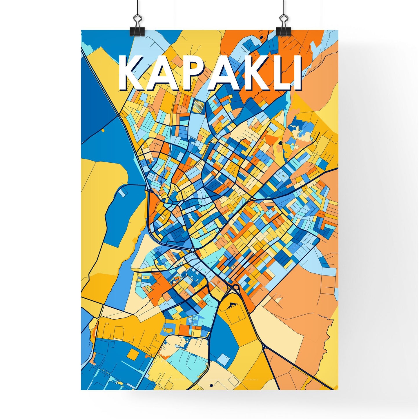 KAPAKLI TURKEY Vibrant Colorful Art Map Poster Blue Orange