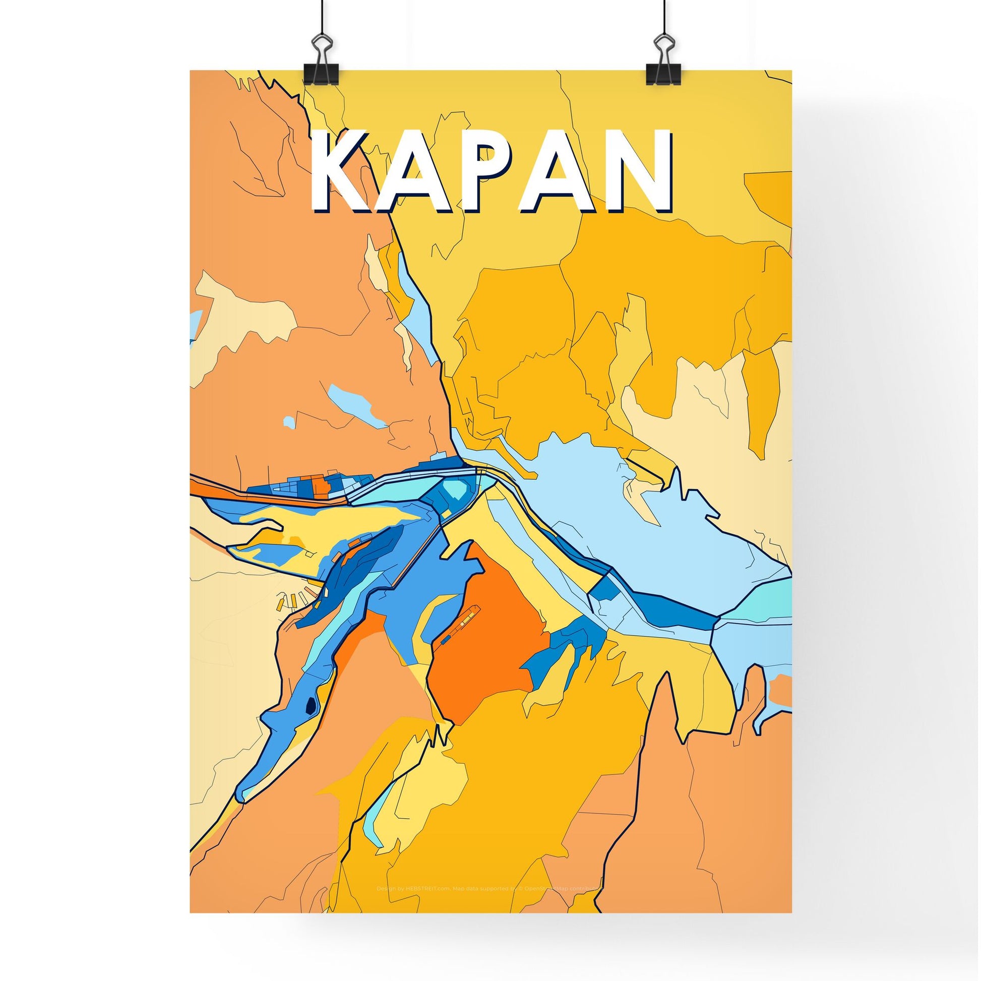 KAPAN ARMENIA Vibrant Colorful Art Map Poster Blue Orange