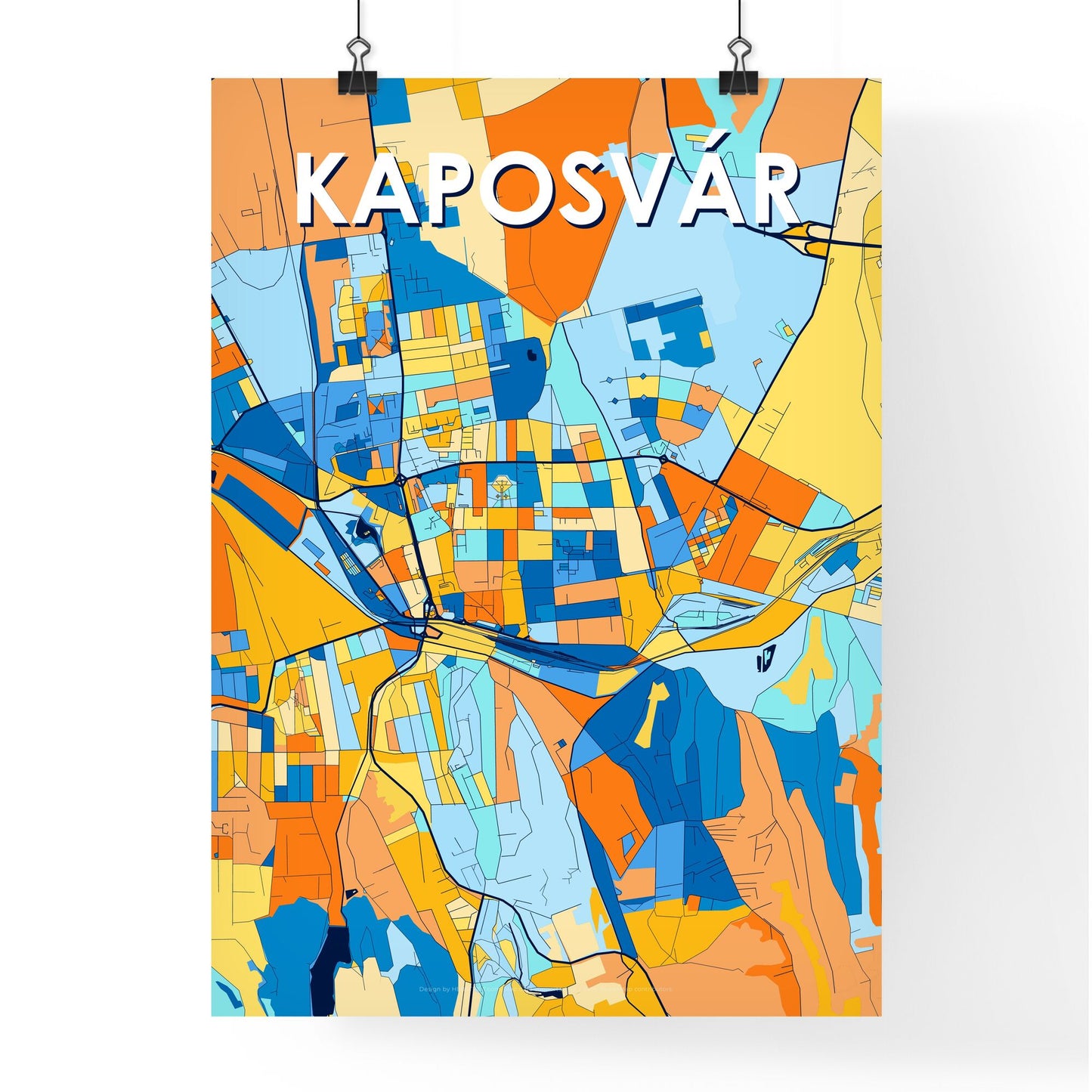 KAPOSVÁR HUNGARY Vibrant Colorful Art Map Poster Blue Orange