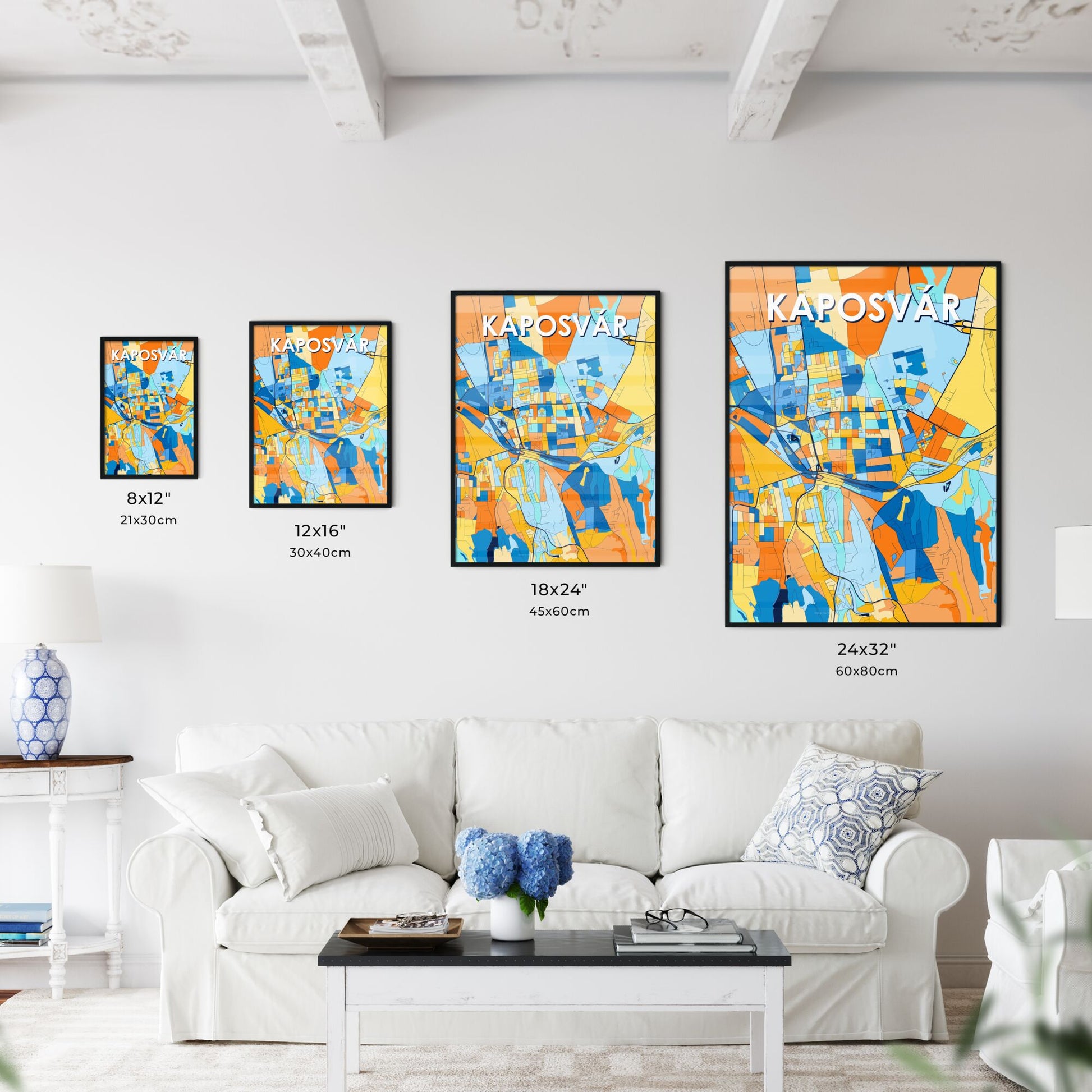 KAPOSVÁR HUNGARY Vibrant Colorful Art Map Poster Blue Orange