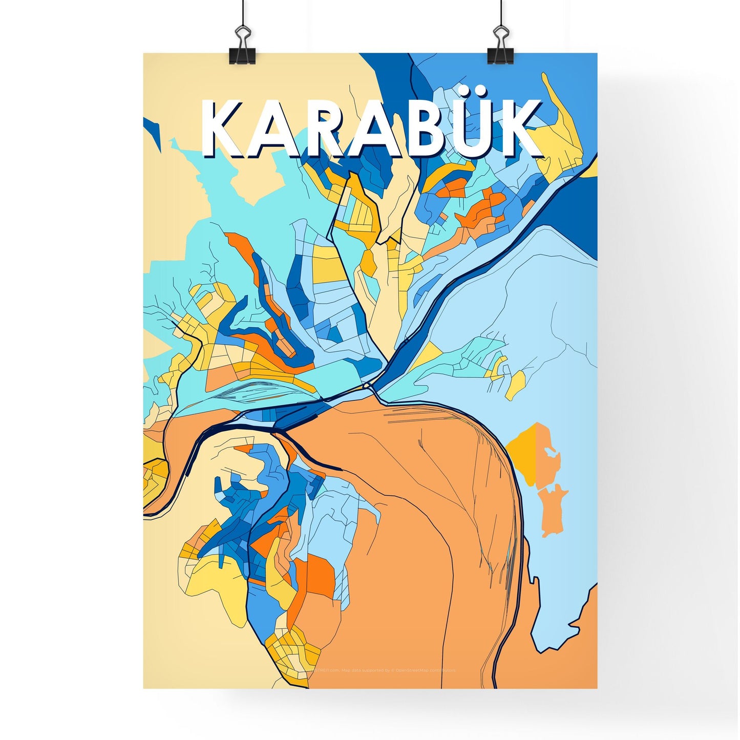 KARABÜK TURKEY Vibrant Colorful Art Map Poster Blue Orange