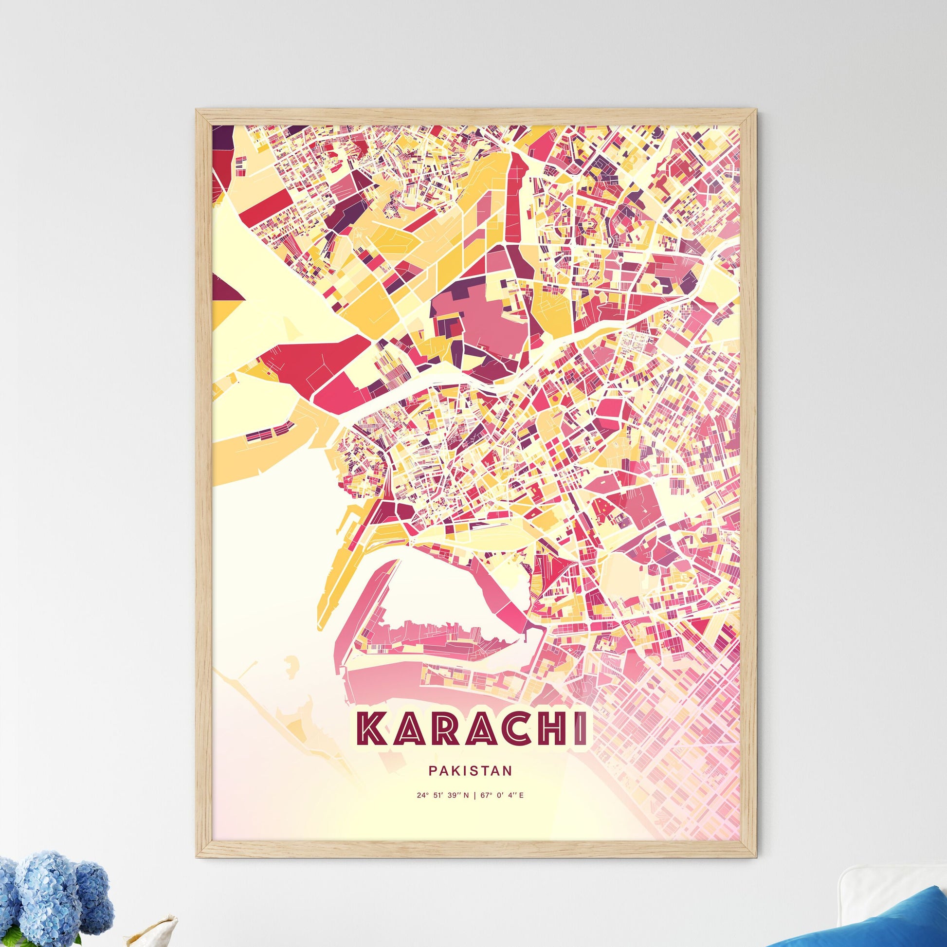 Colorful Karachi Pakistan Fine Art Map Hot Red