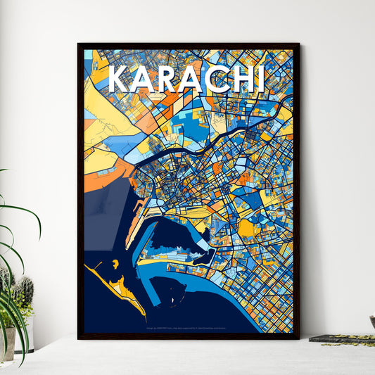 KARACHI PAKISTAN Vibrant Colorful Art Map Poster Blue Orange