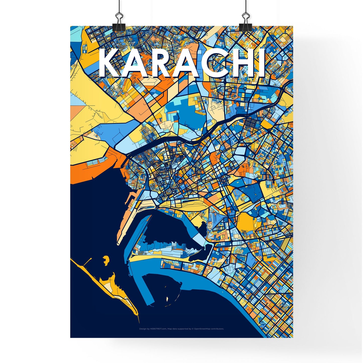 KARACHI PAKISTAN Vibrant Colorful Art Map Poster Blue Orange