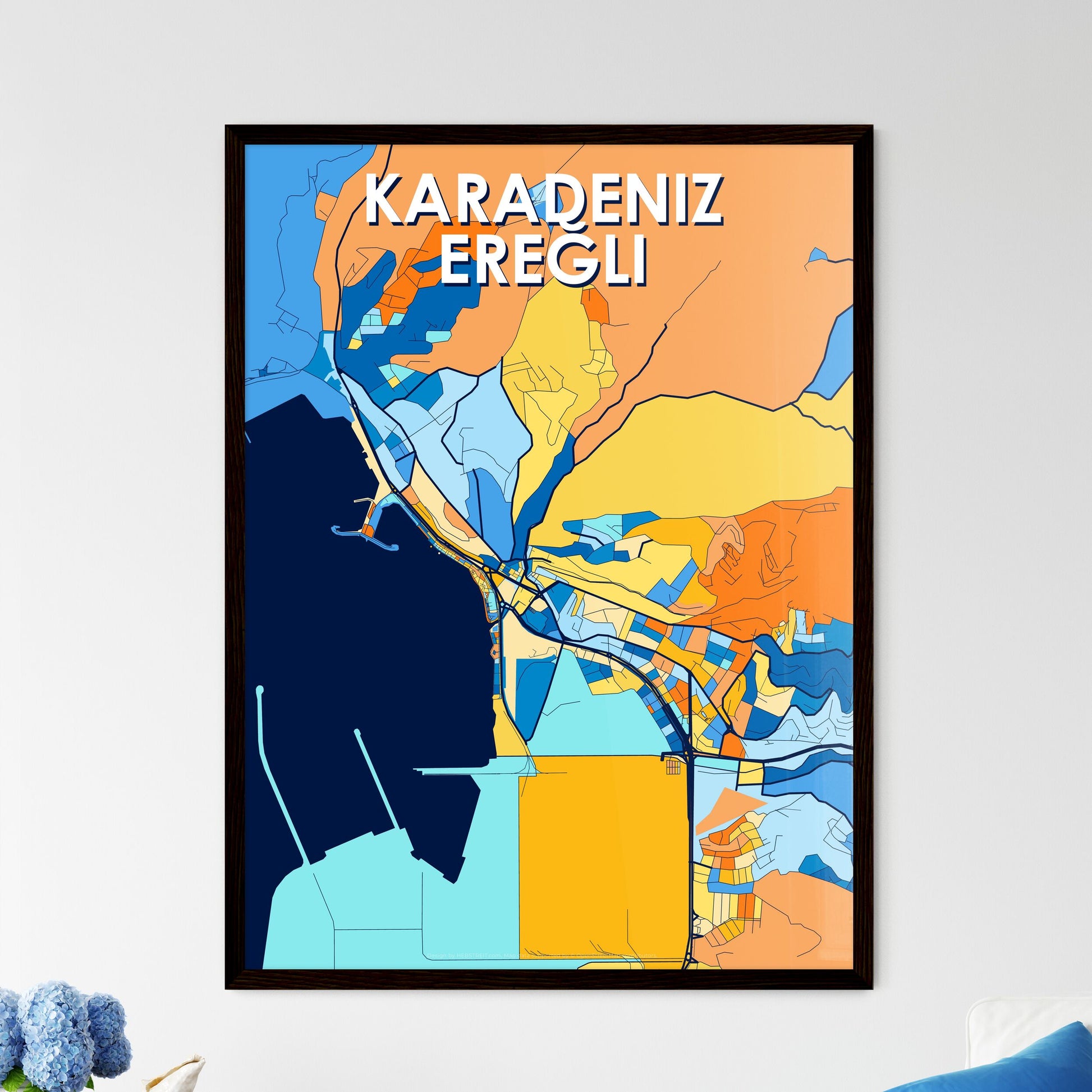 KARADENIZ EREĞLI TURKEY Vibrant Colorful Art Map Poster Blue Orange