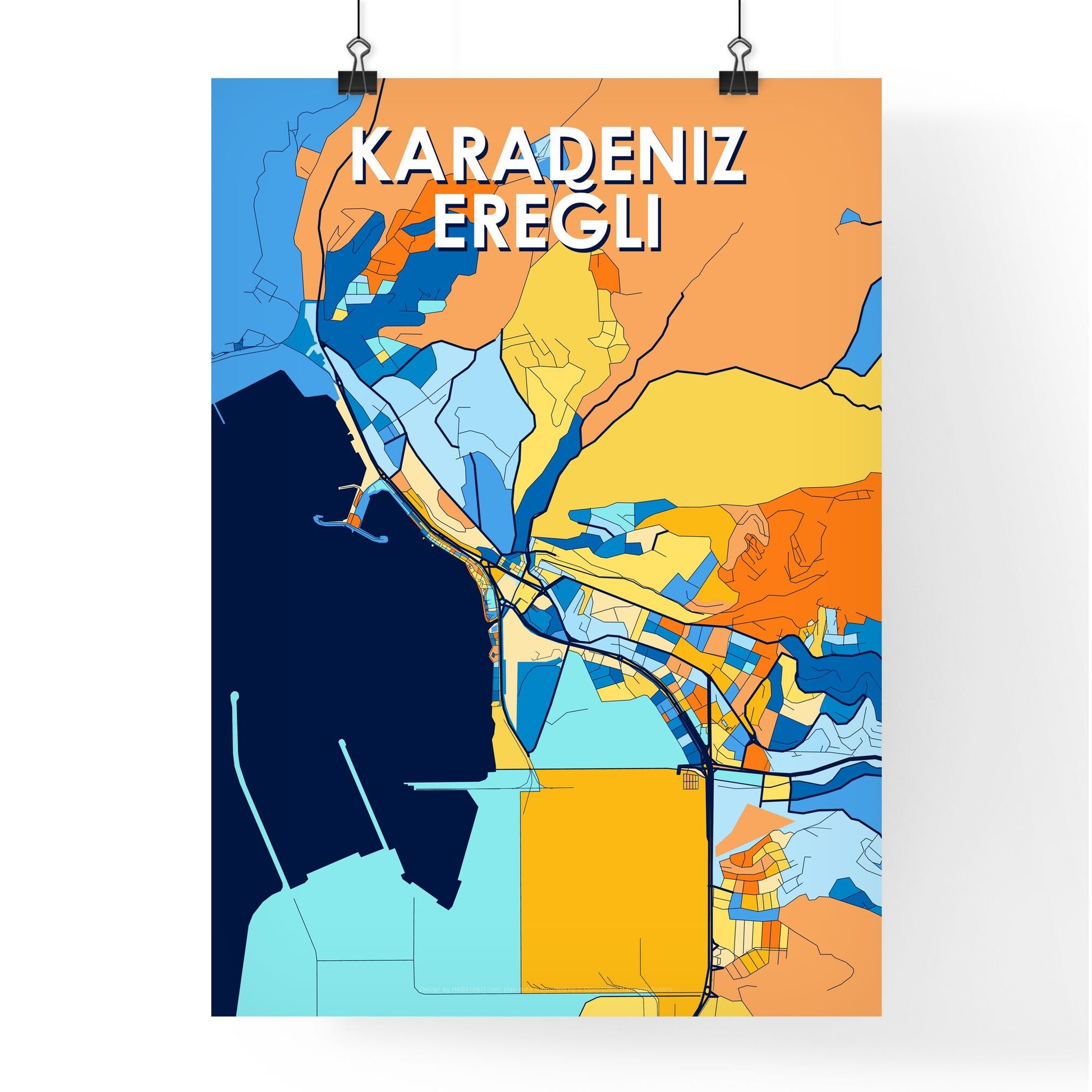 KARADENIZ EREĞLI TURKEY Vibrant Colorful Art Map Poster Blue Orange