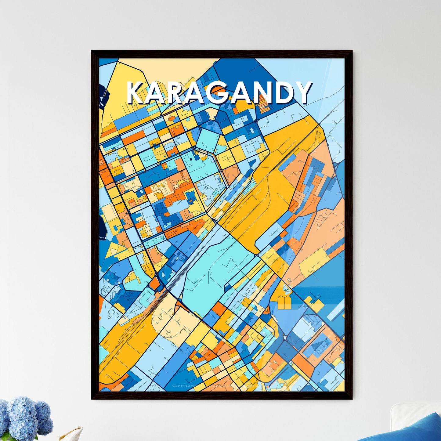 KARAGANDY KAZAKHSTAN Vibrant Colorful Art Map Poster Blue Orange