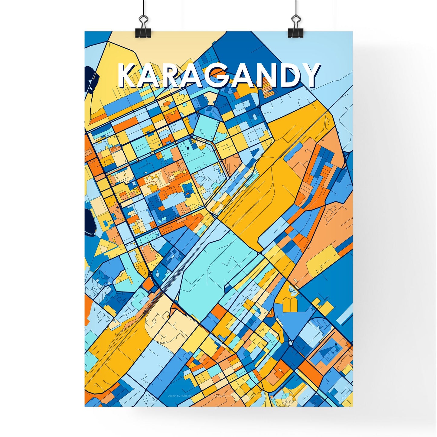 KARAGANDY KAZAKHSTAN Vibrant Colorful Art Map Poster Blue Orange