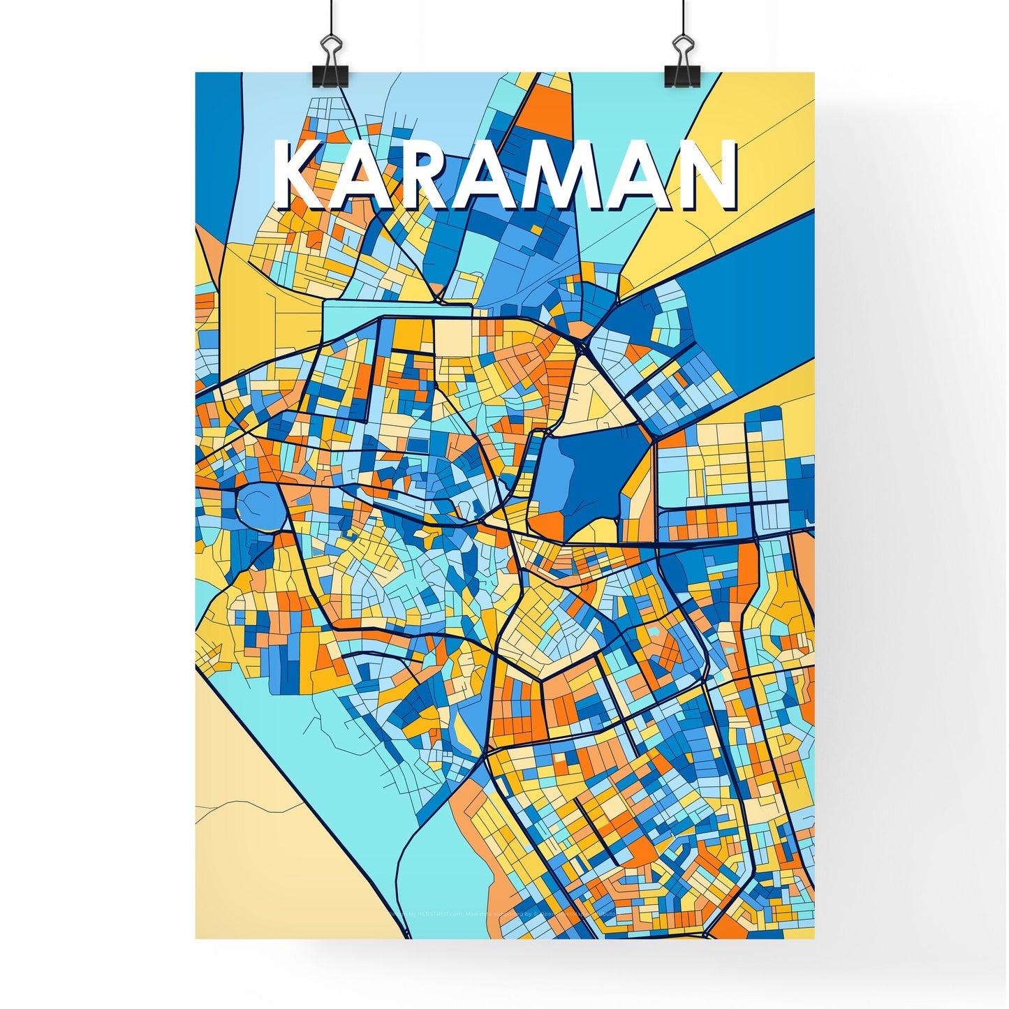 KARAMAN TURKEY Vibrant Colorful Art Map Poster Blue Orange