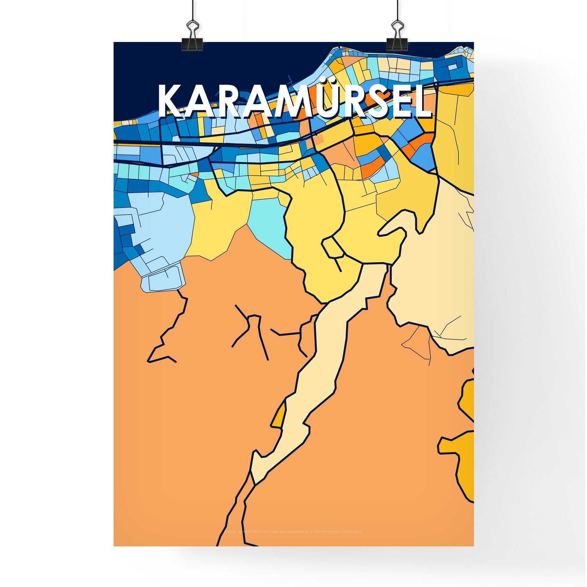 KARAMÜRSEL TURKEY Vibrant Colorful Art Map Poster Blue Orange