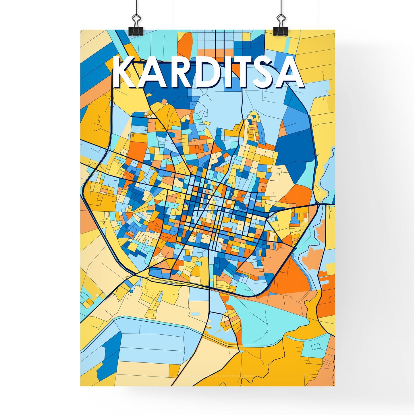 KARDITSA GREECE Vibrant Colorful Art Map Poster Blue Orange