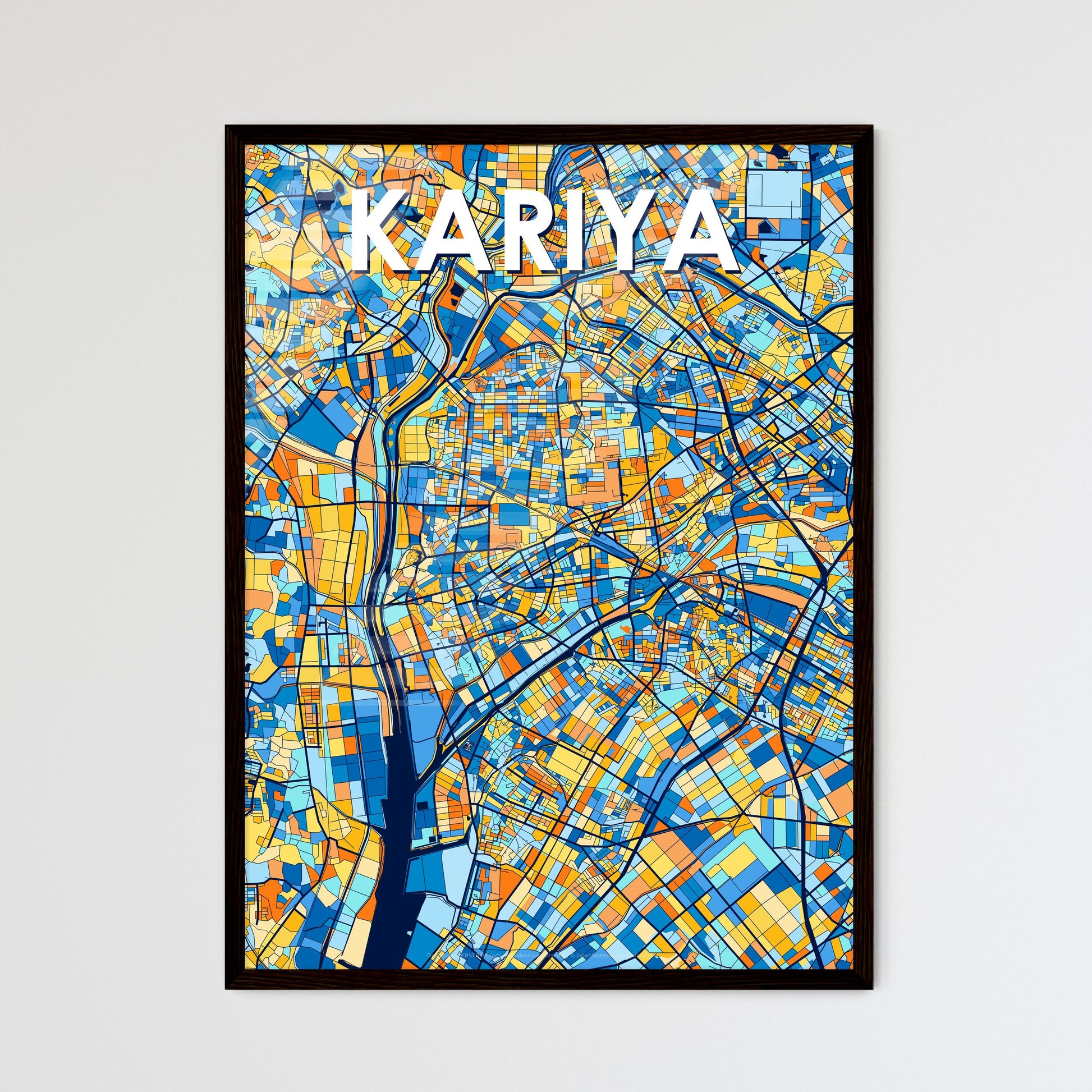 KARIYA JAPAN Vibrant Colorful Art Map Poster Blue Orange