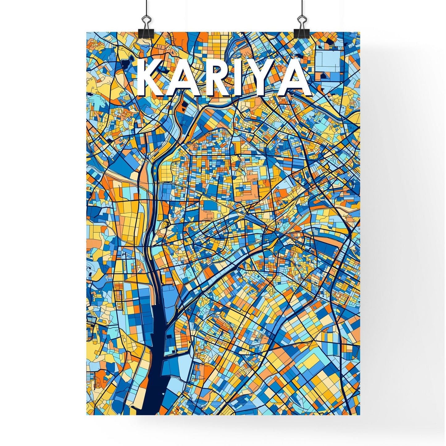 KARIYA JAPAN Vibrant Colorful Art Map Poster Blue Orange