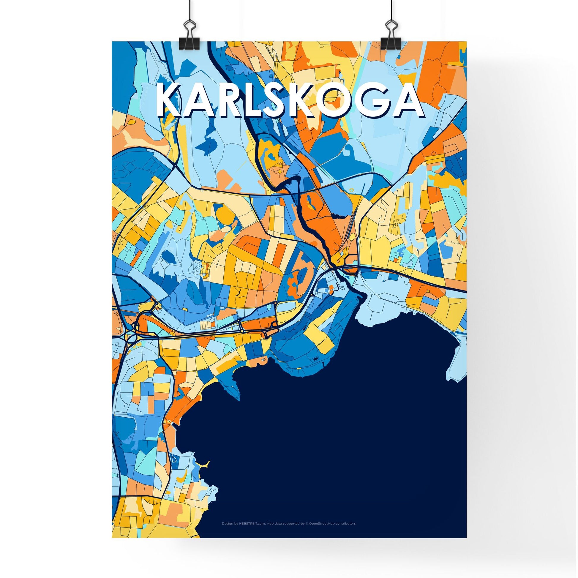 KARLSKOGA SWEDEN Vibrant Colorful Art Map Poster Blue Orange
