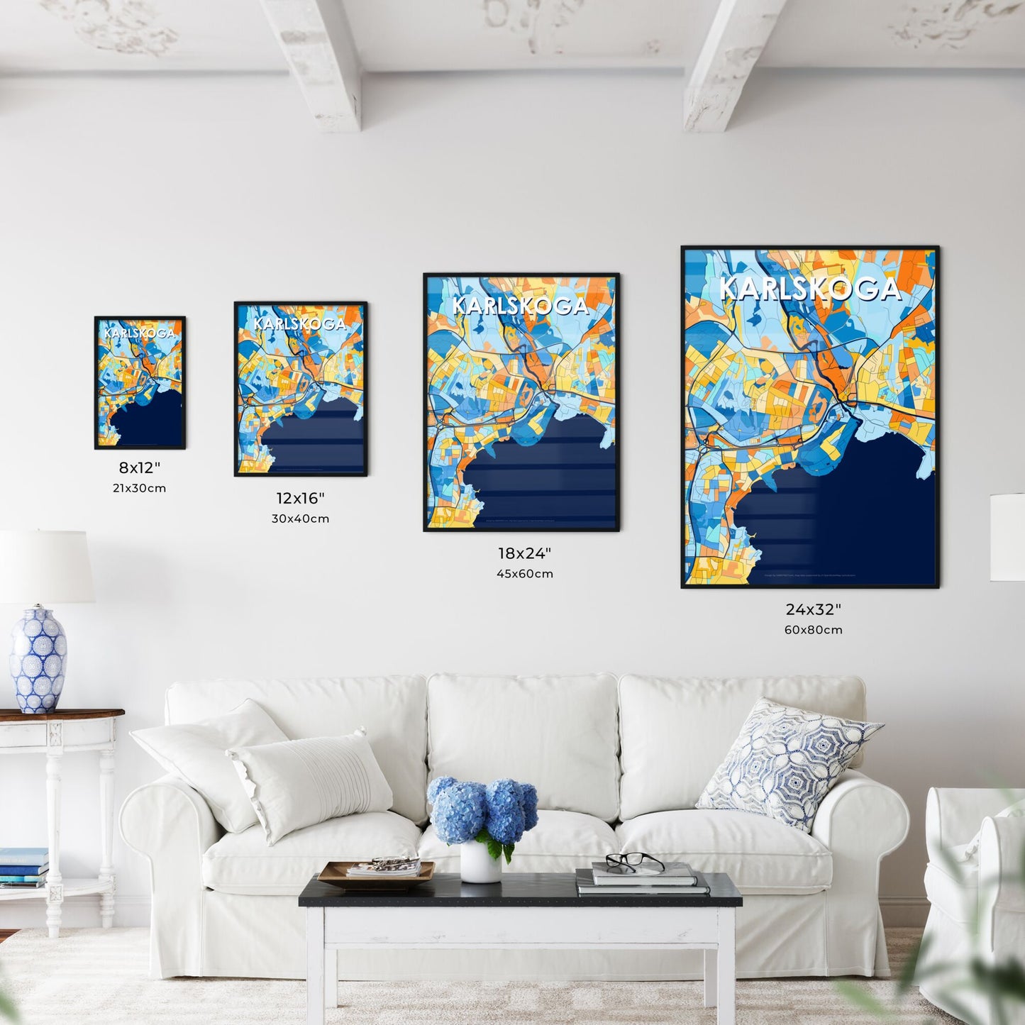 KARLSKOGA SWEDEN Vibrant Colorful Art Map Poster Blue Orange