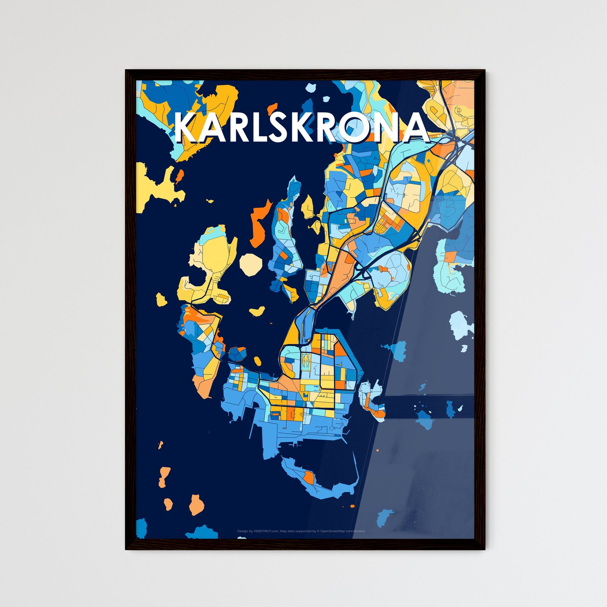 KARLSKRONA SWEDEN Vibrant Colorful Art Map Poster Blue Orange